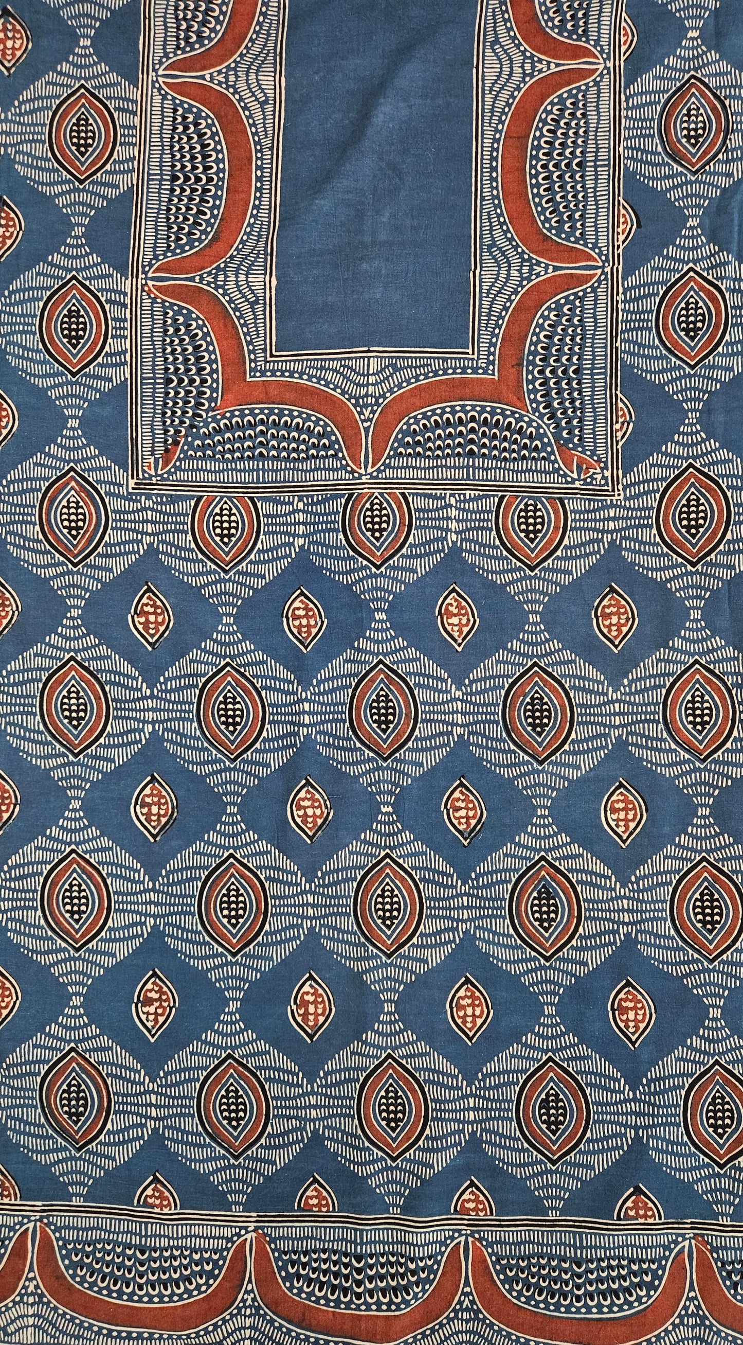 Blue'n'red ajrakh print with neck and ghera border cotton kurta material