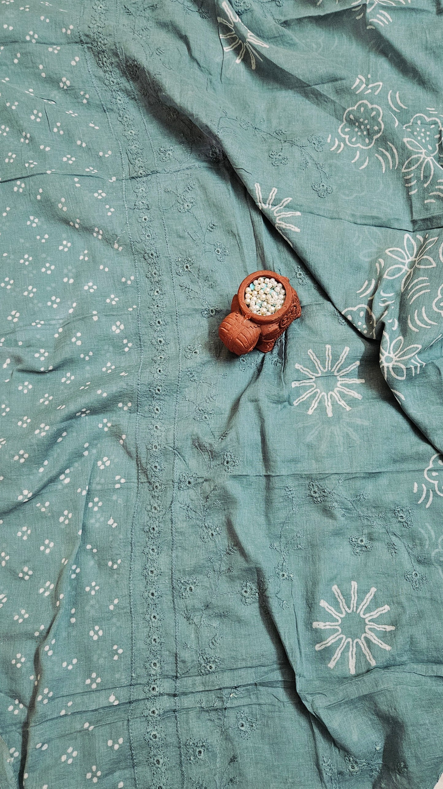 Light green'n'white block print cotton suit
