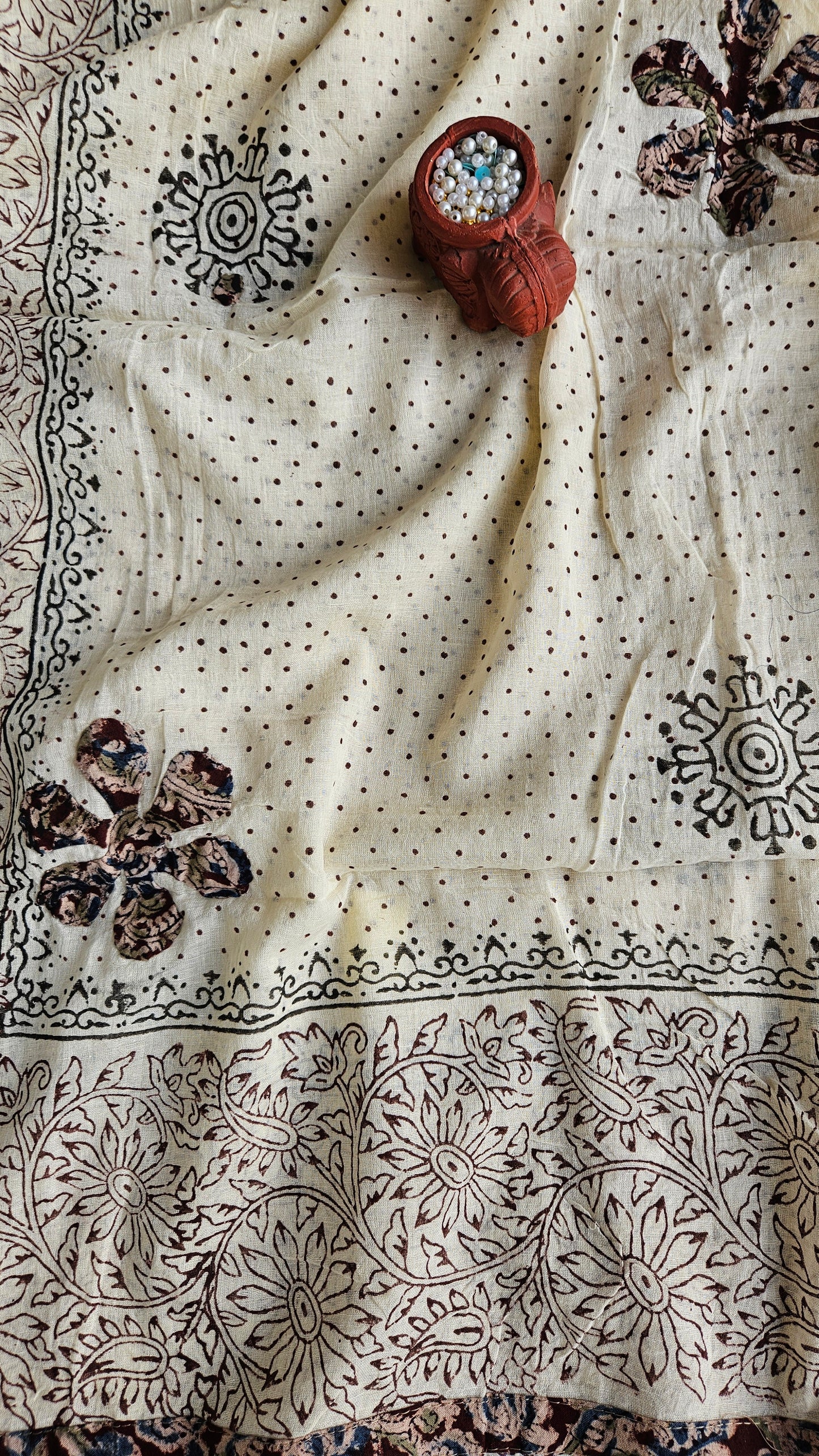 Pure cotton maroon,blue'n'olive green intricately designed kalamkari suit with applique work on ghera