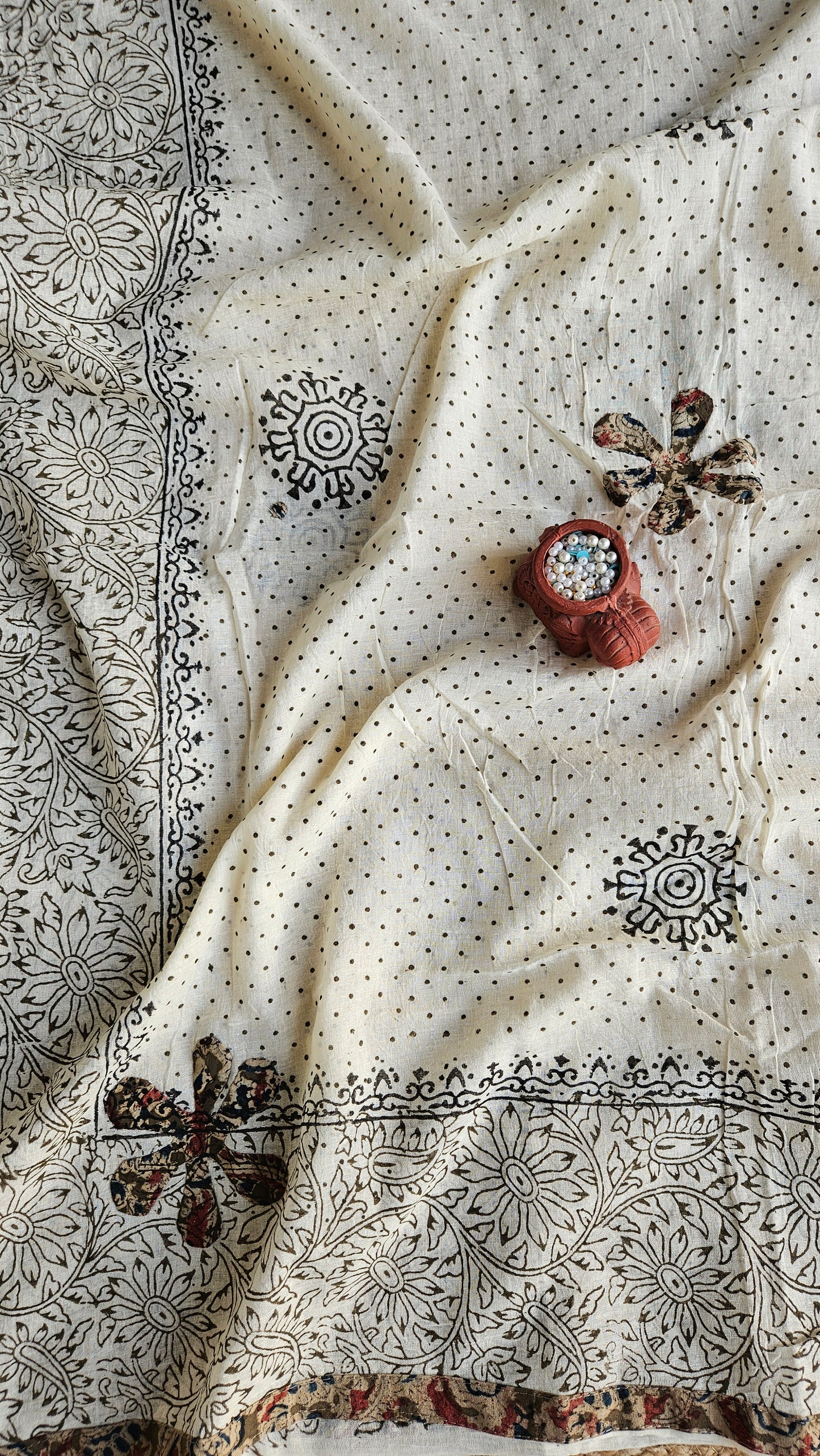 Pure cotton rust,green'n'blue intricately designed kalamkari suit with applique work on ghera