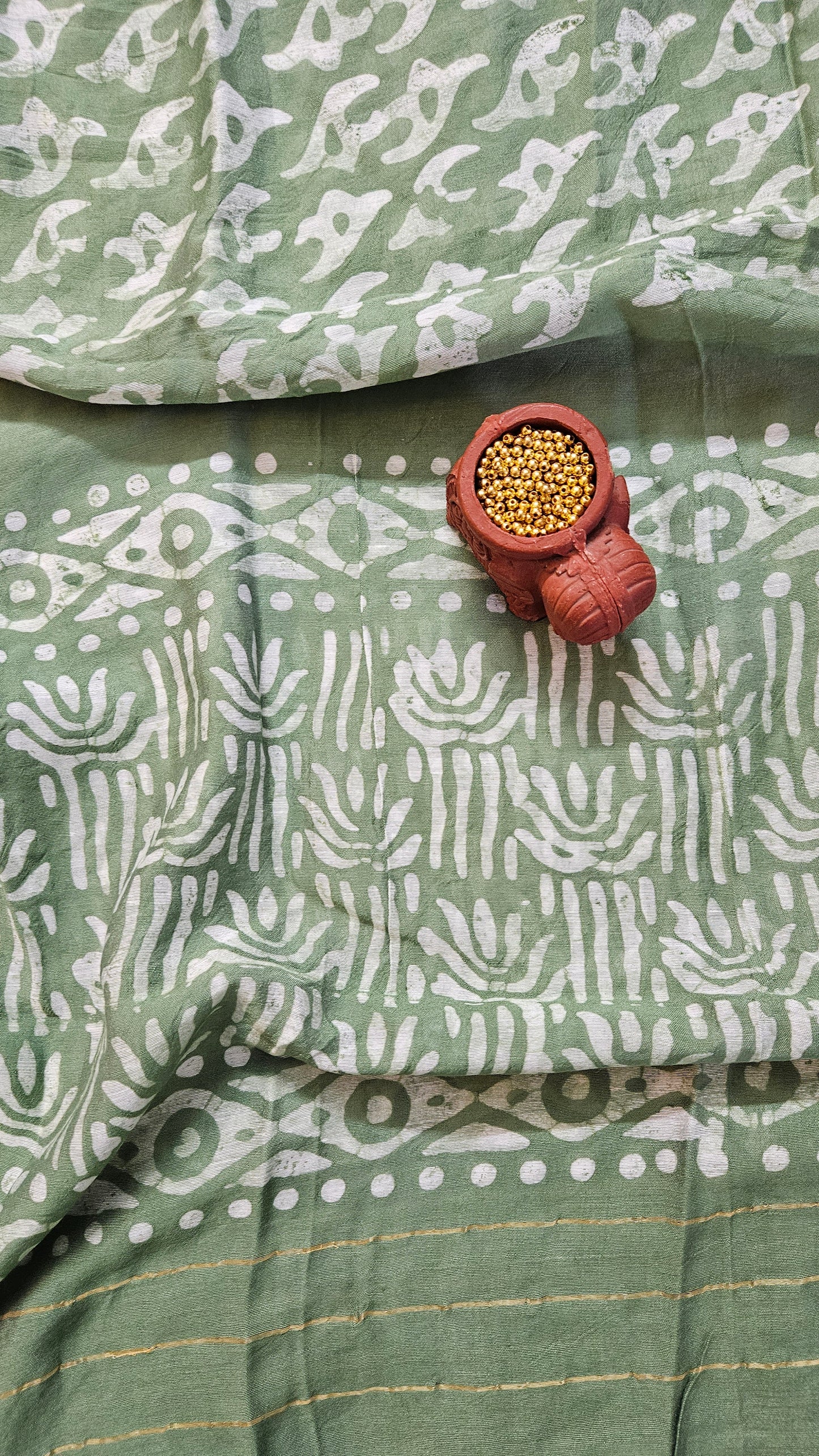 Pista green'n'white batik print cotton suit material with silk dupatta