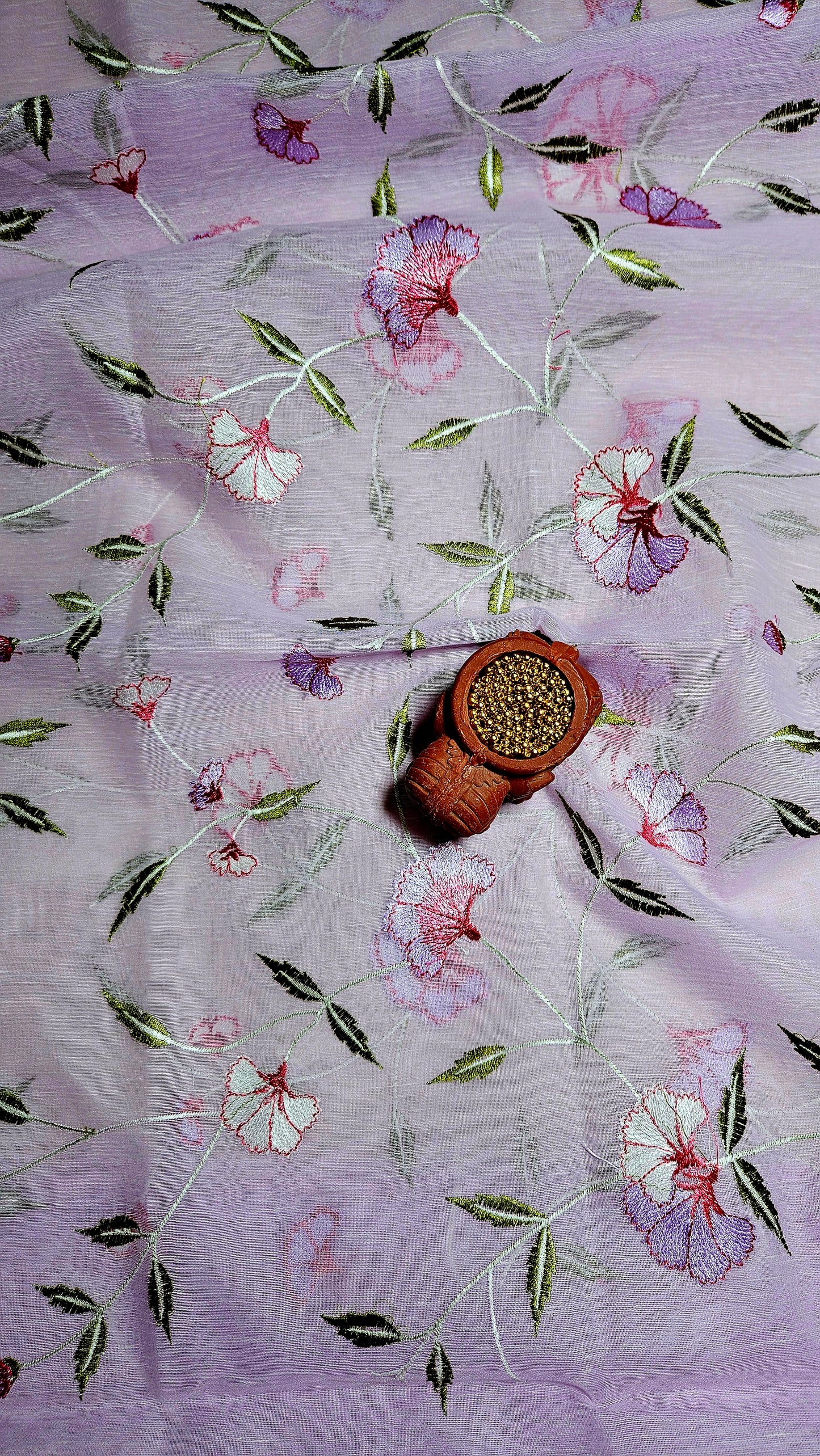 Lilac semi linen embroidered kurta and dupatta with cotton silk bottom material