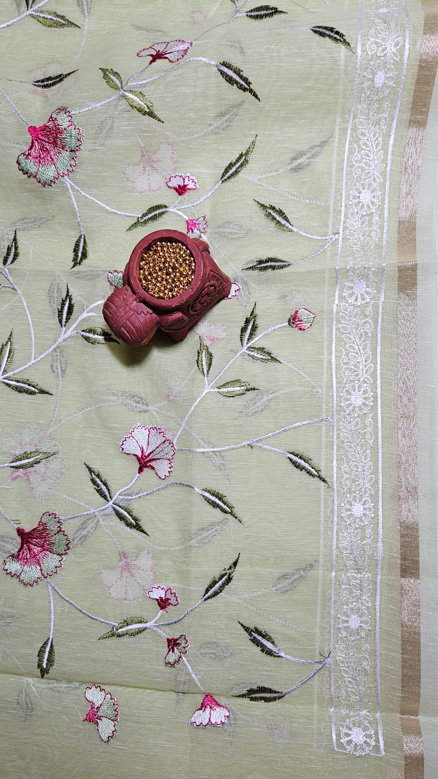 Lime green semi linen embroidered kurta and dupatta with plain cotton silk bottom material