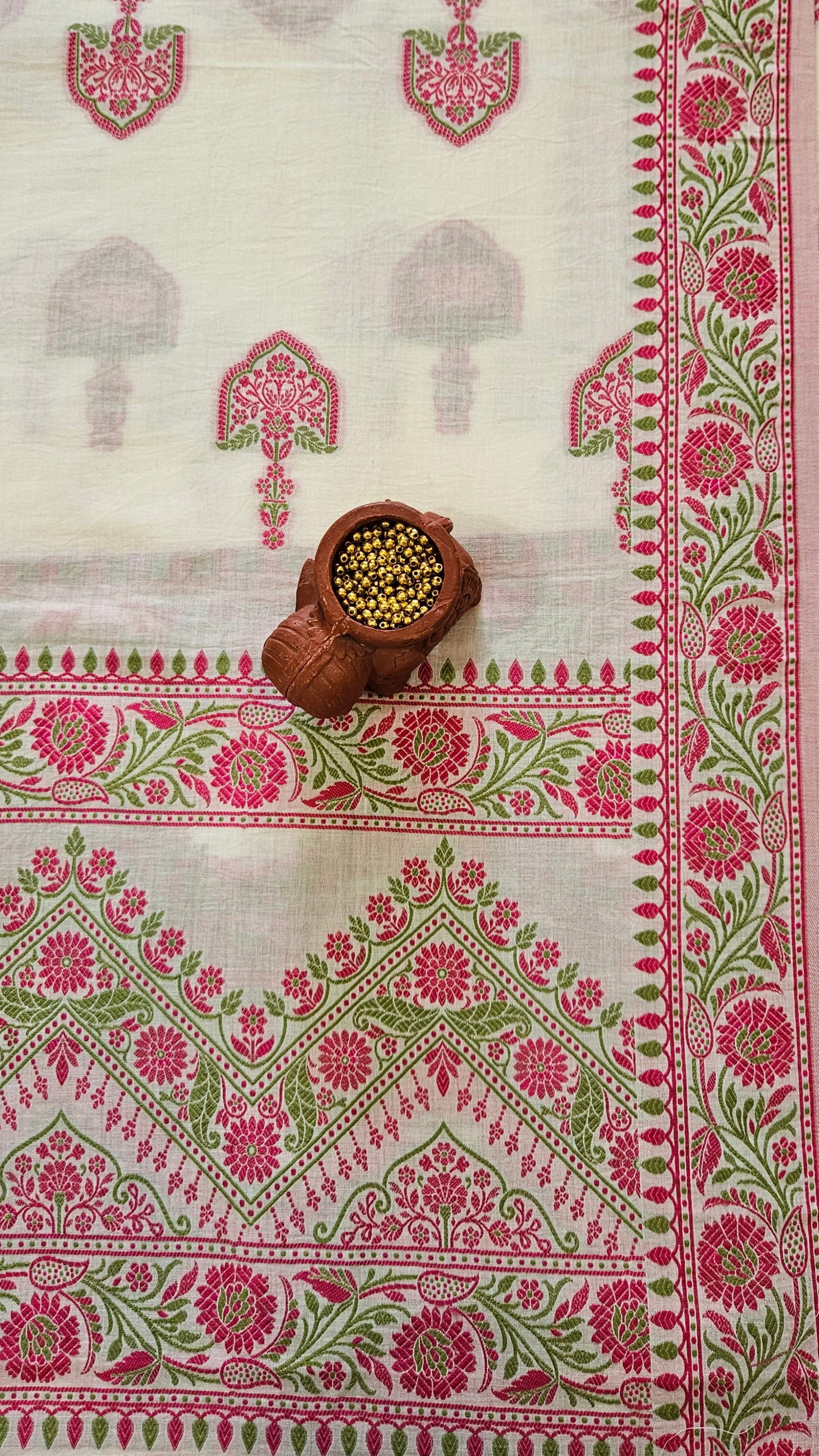 White pink'n'green premium cotton banarsi resham weave suit.