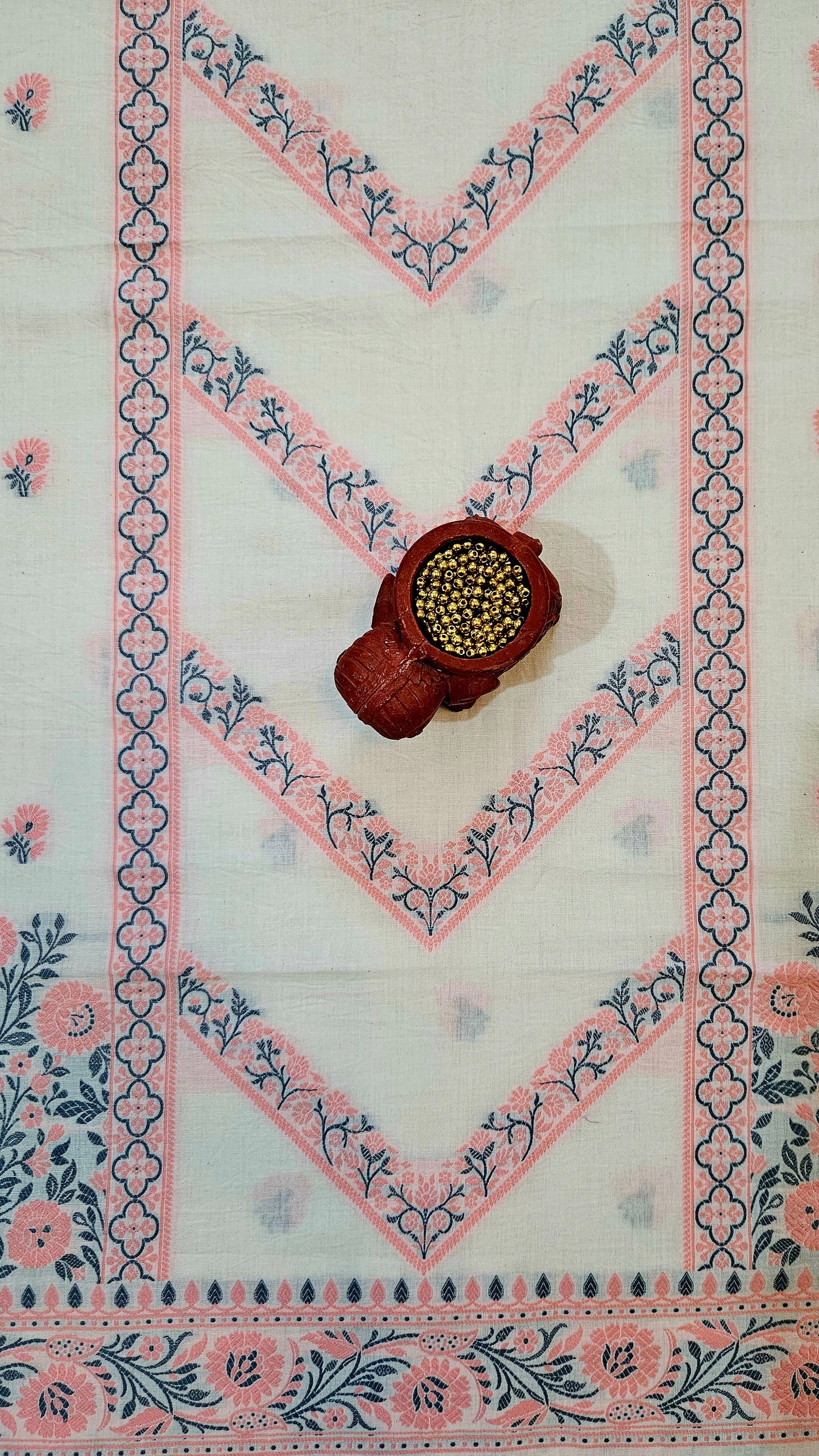 White peach'n'grey premium cotton banarsi resham weave suit.