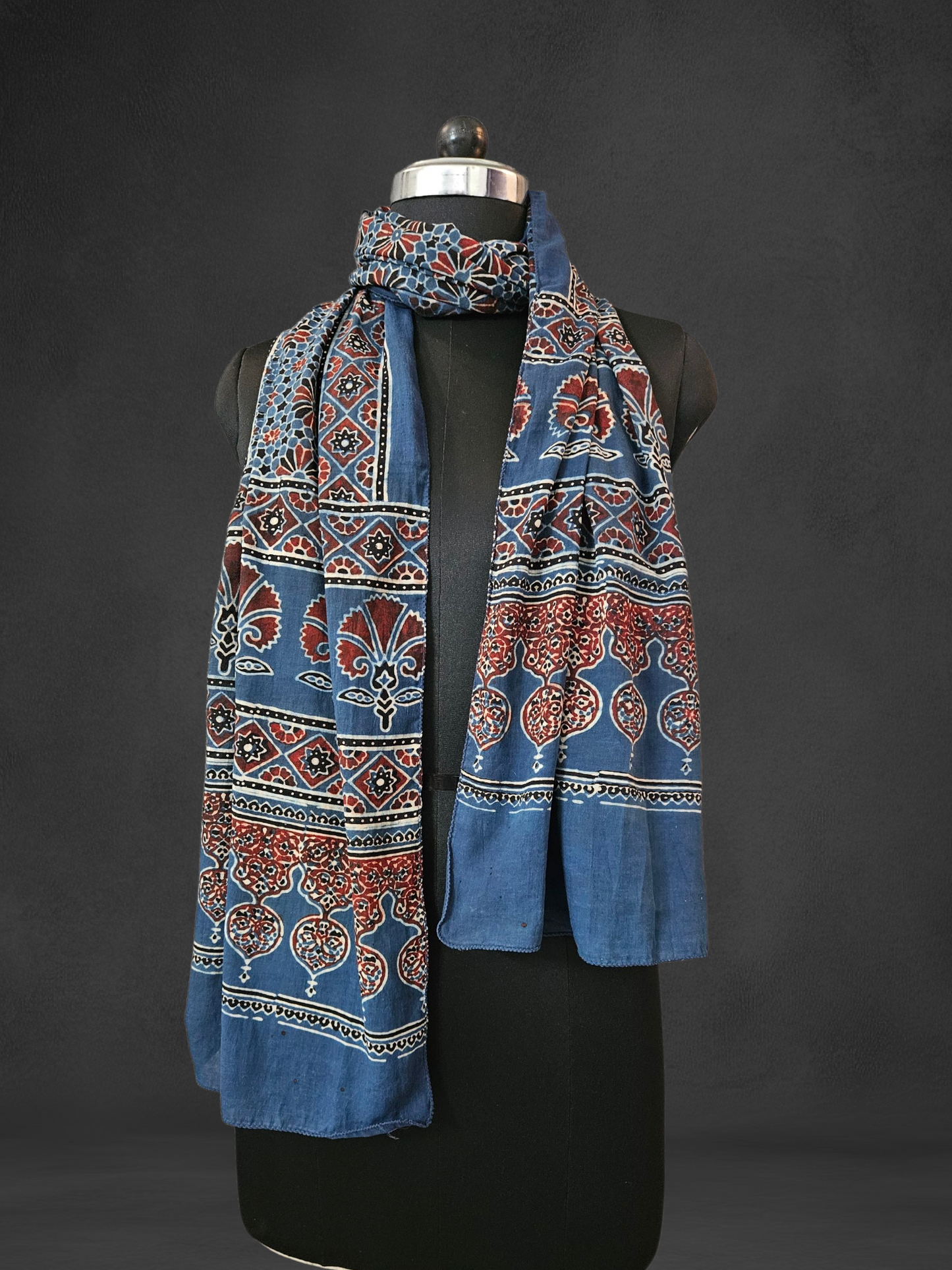 Blue red 'n'black ajrakh print mul cotton stole