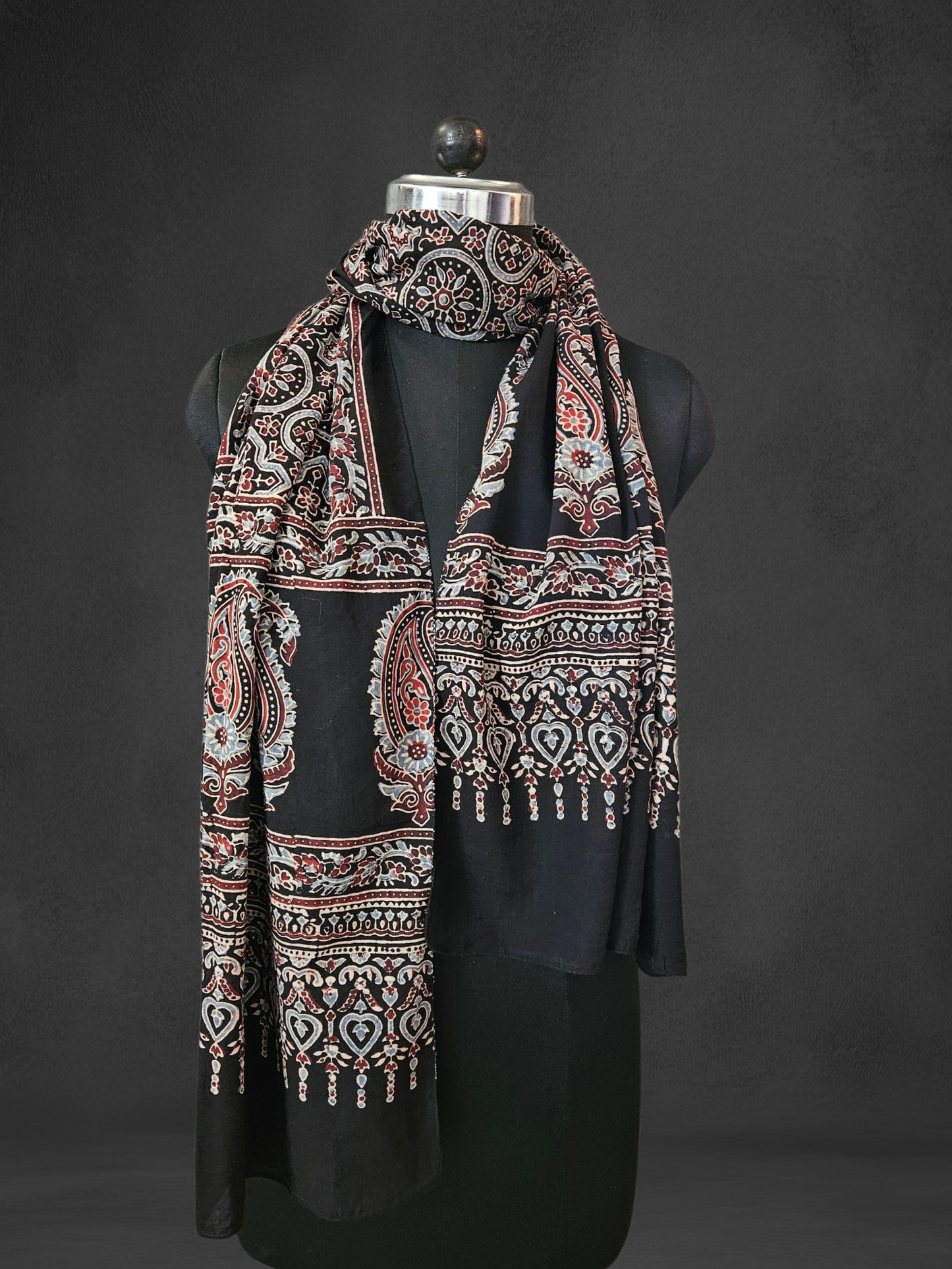 Black maroon'n'blue ajrakh print mul cotton stole