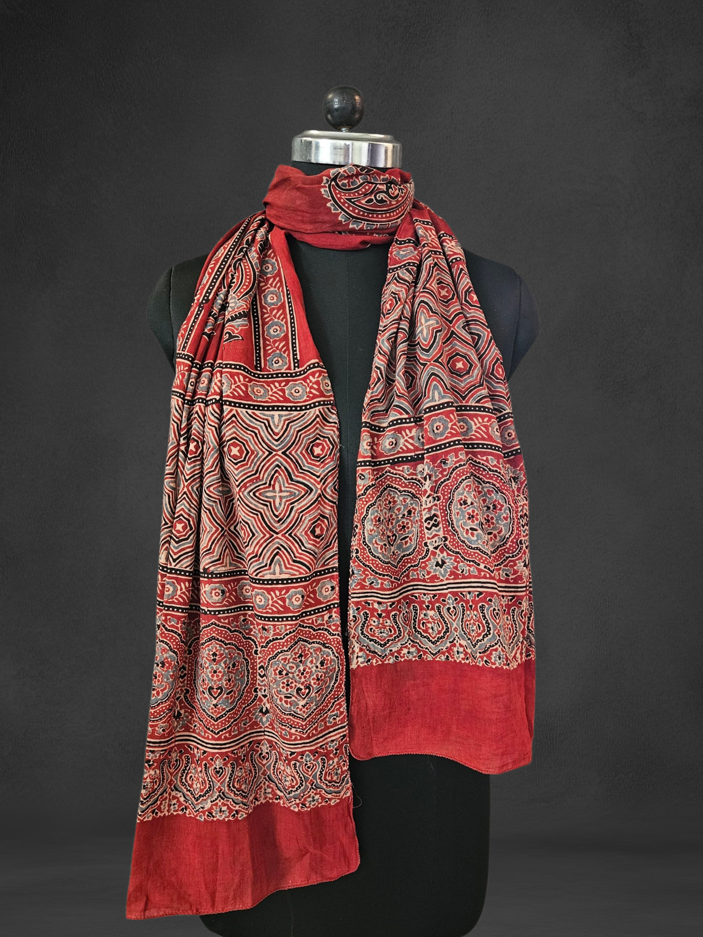 Brick red blue'n'black ajrakh print mul cotton stole