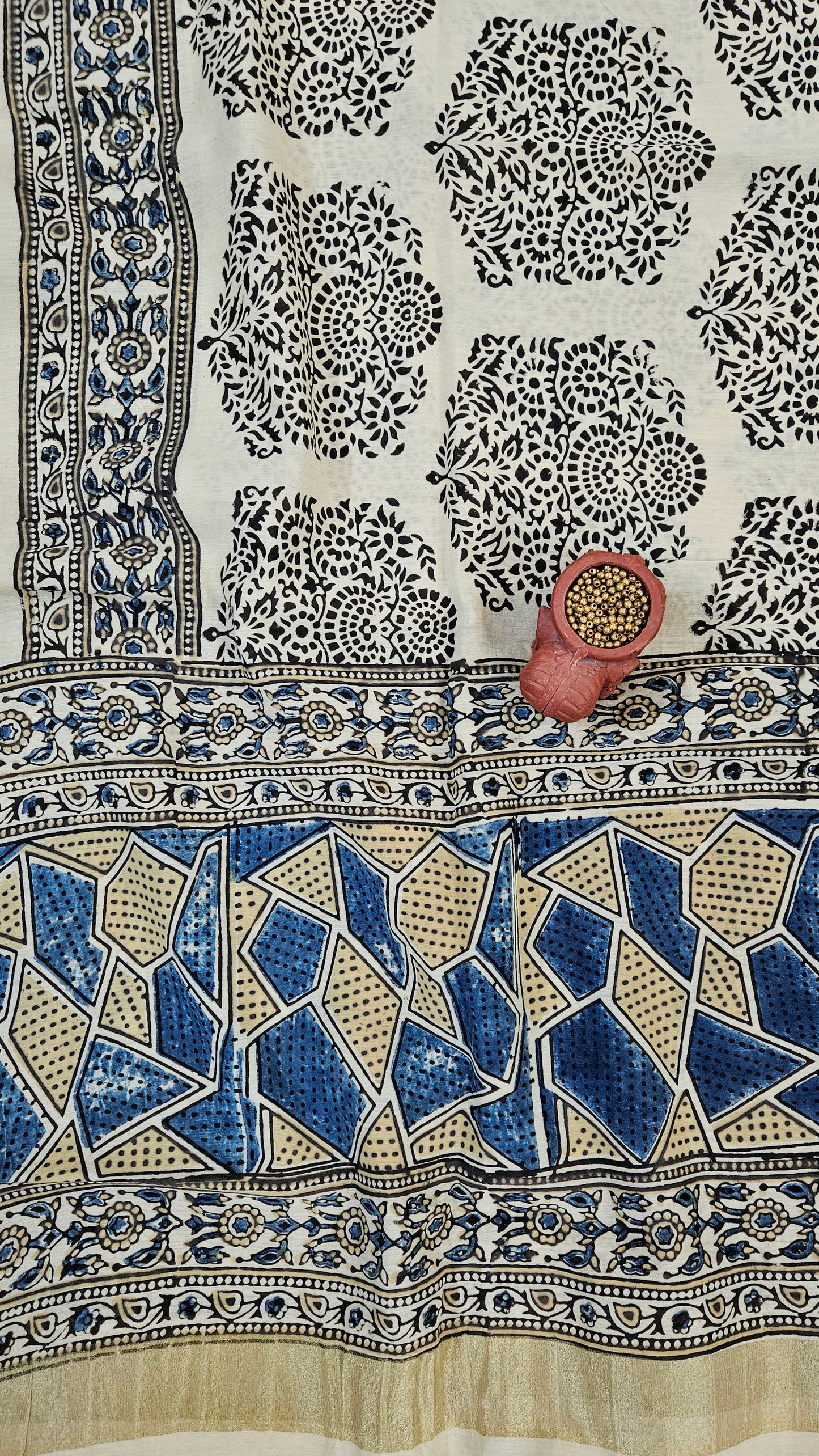 Beige mustard'n'blue front panel ajrakh print Chanderi suit