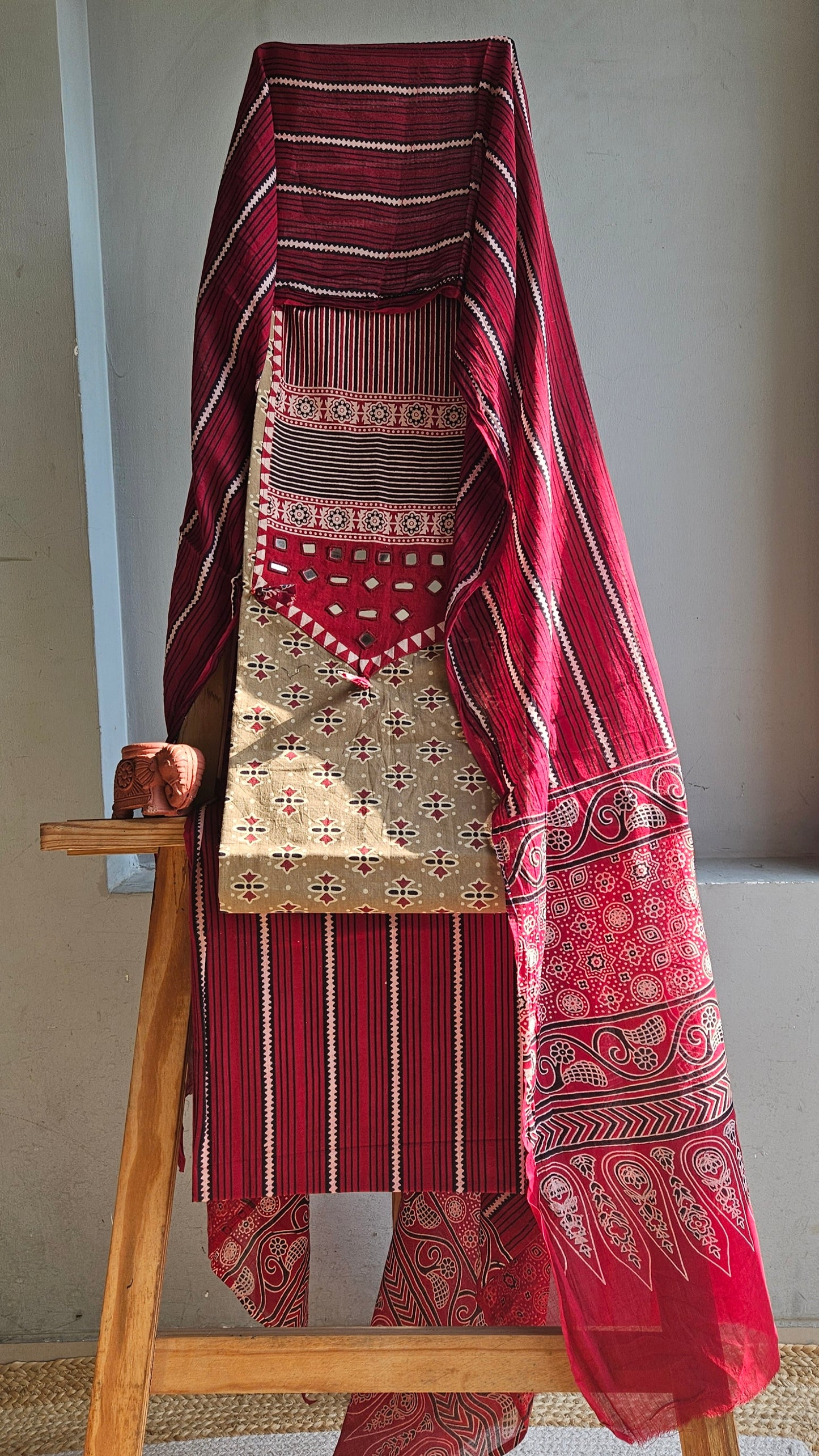 Beige'n'maroon ajrakh print cotton suit with Mul cotton dupatta