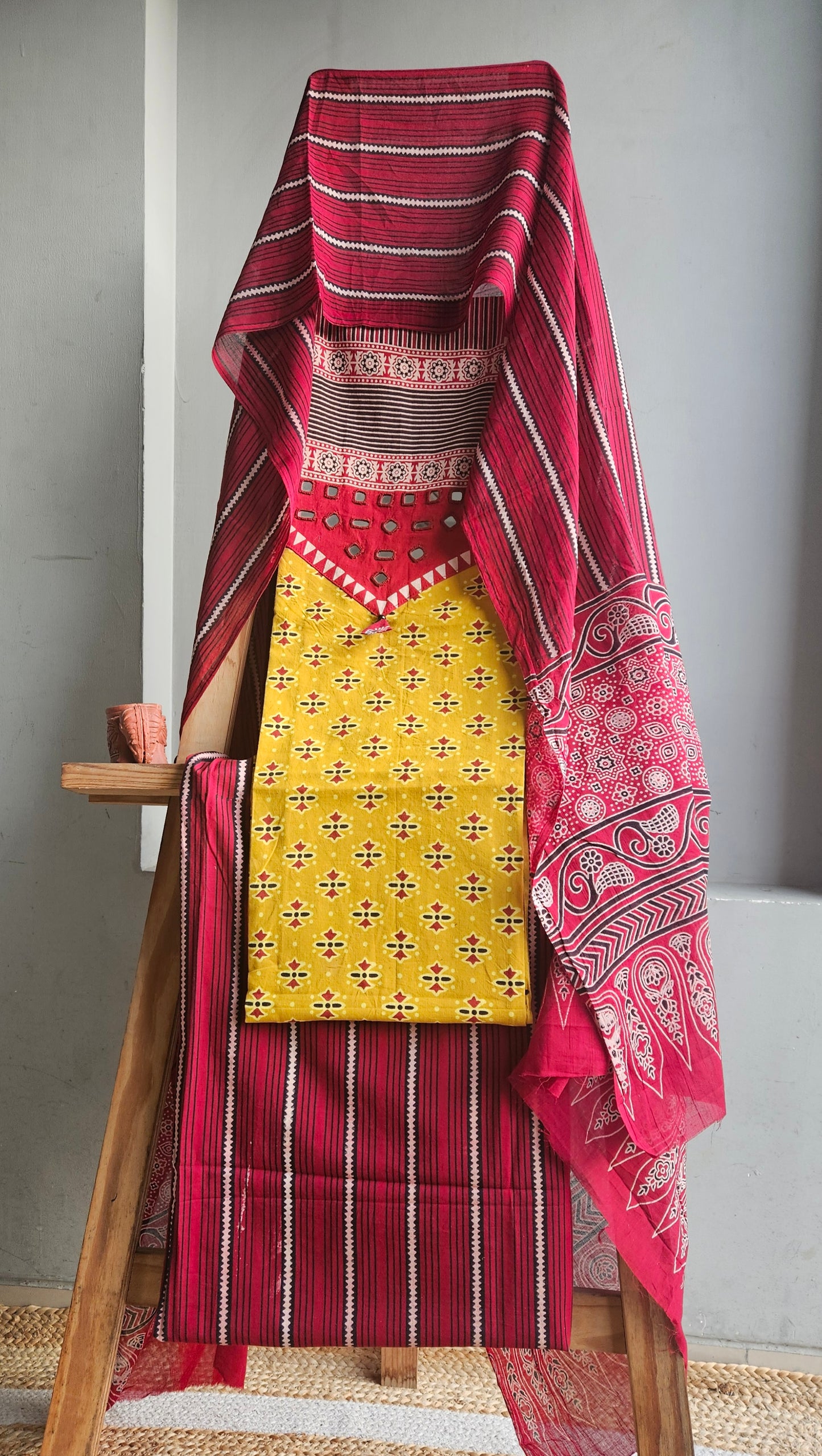 Mustard yellow'n'maroon ajrakh print cotton suit material with neck yoke