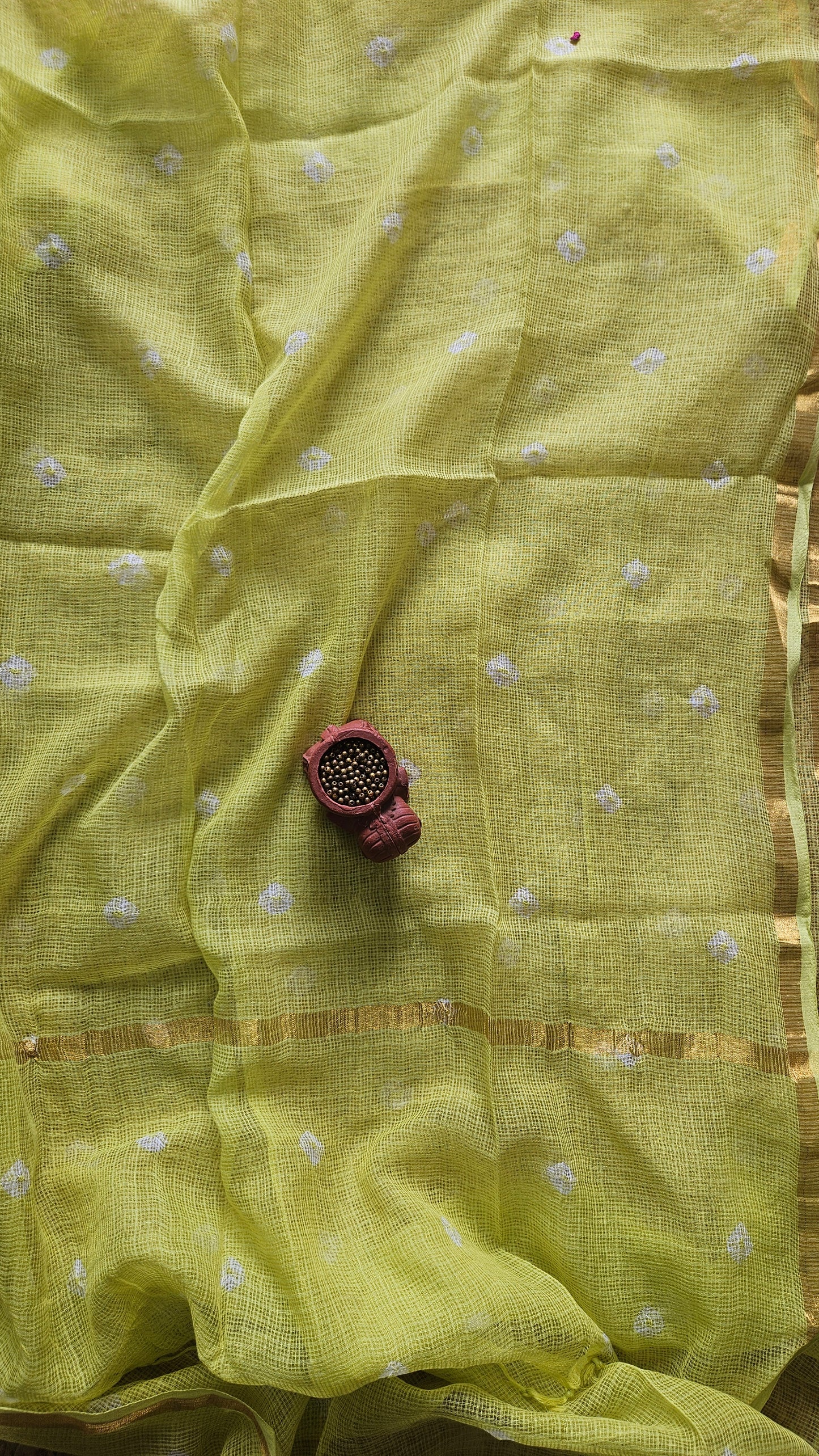 Green white'n'pink block print cotton suit with kota-doria dupatta