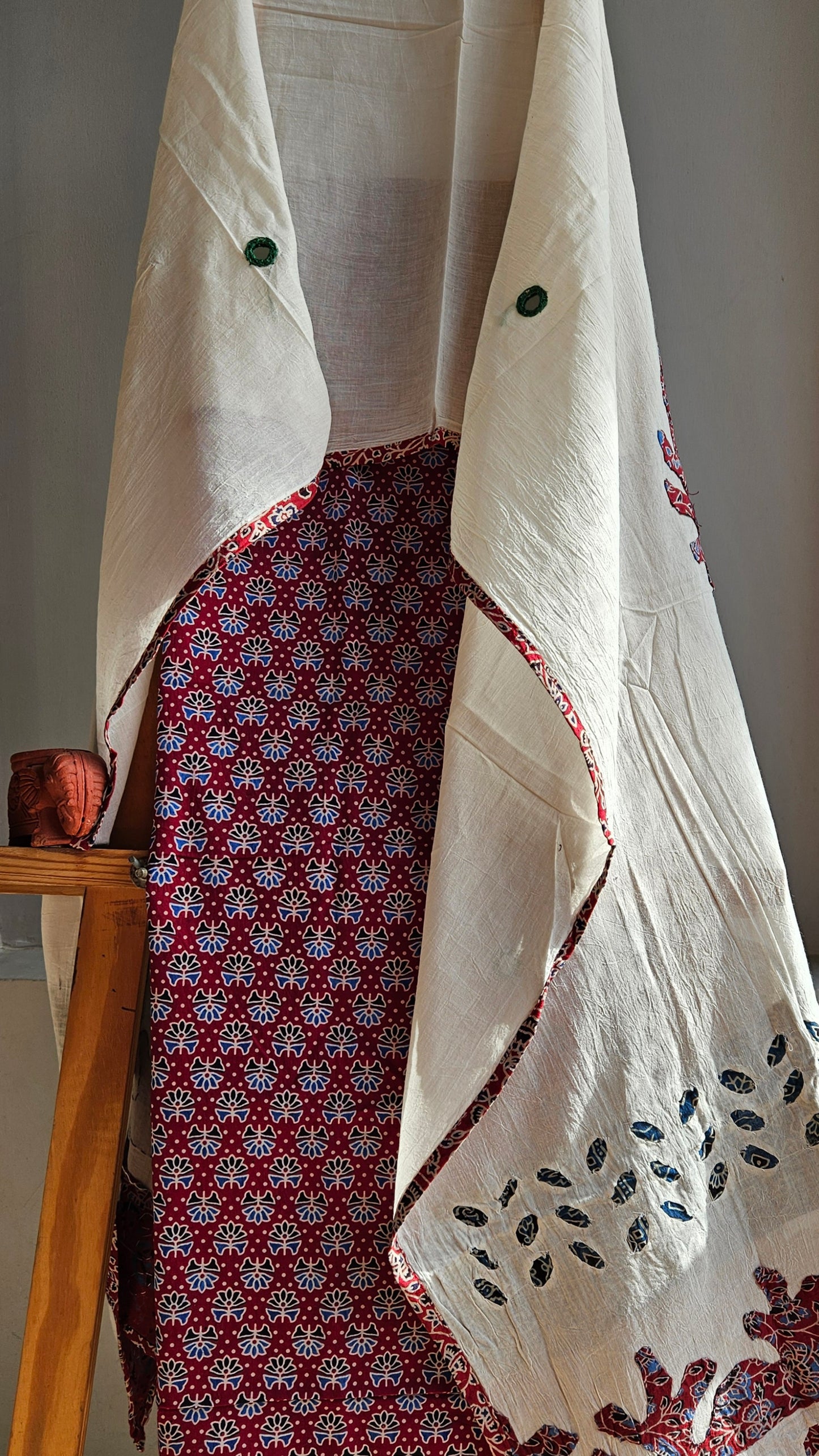 Maroon’n’offwhite ajrakh print cotton kurta dupatta set