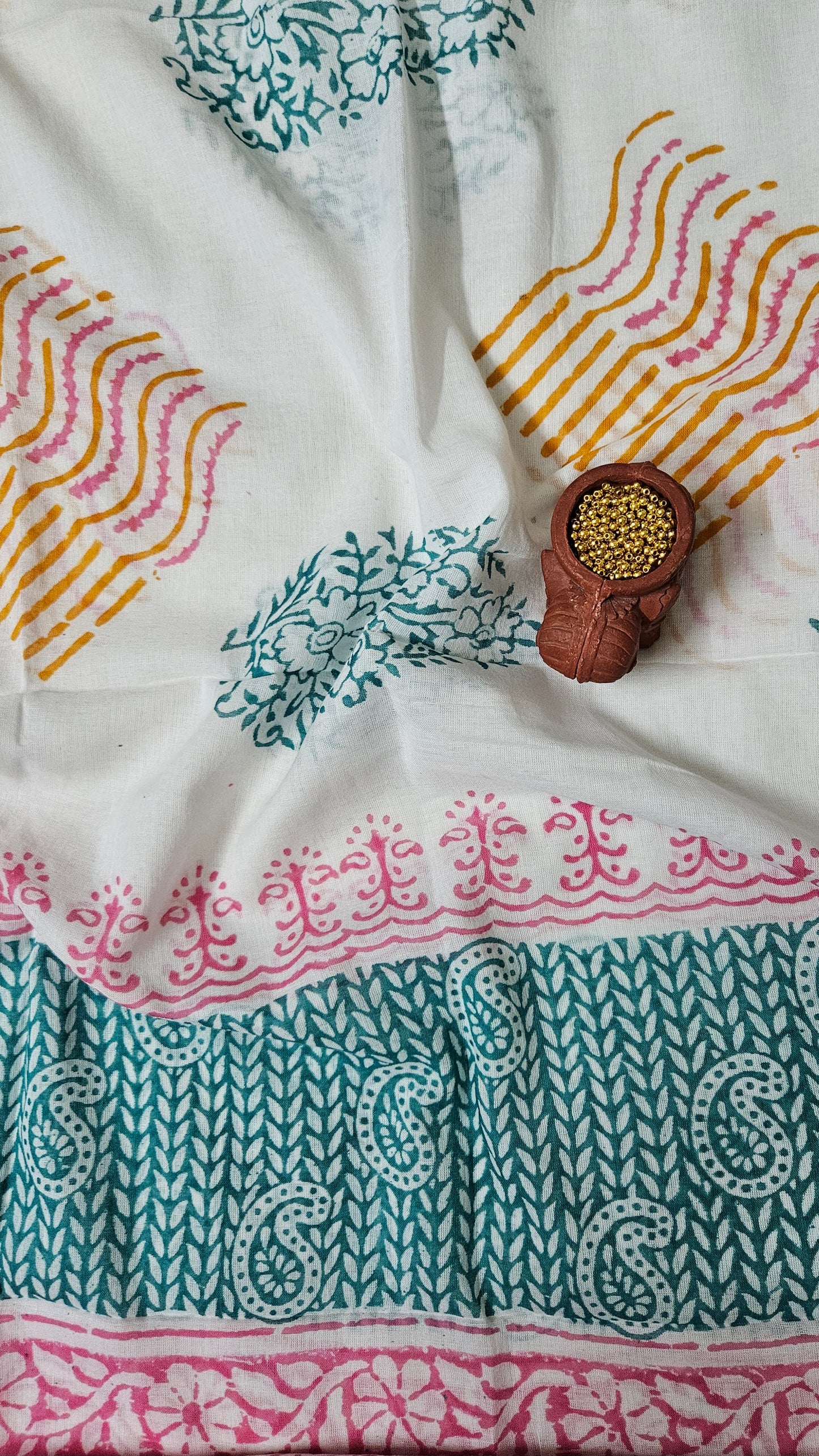 Pink’n’green hand embroidered yoke Baroda print cotton suit