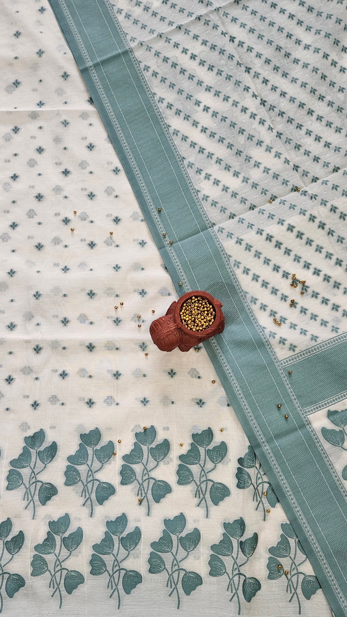 White and green cotton banarsi resham weave suit