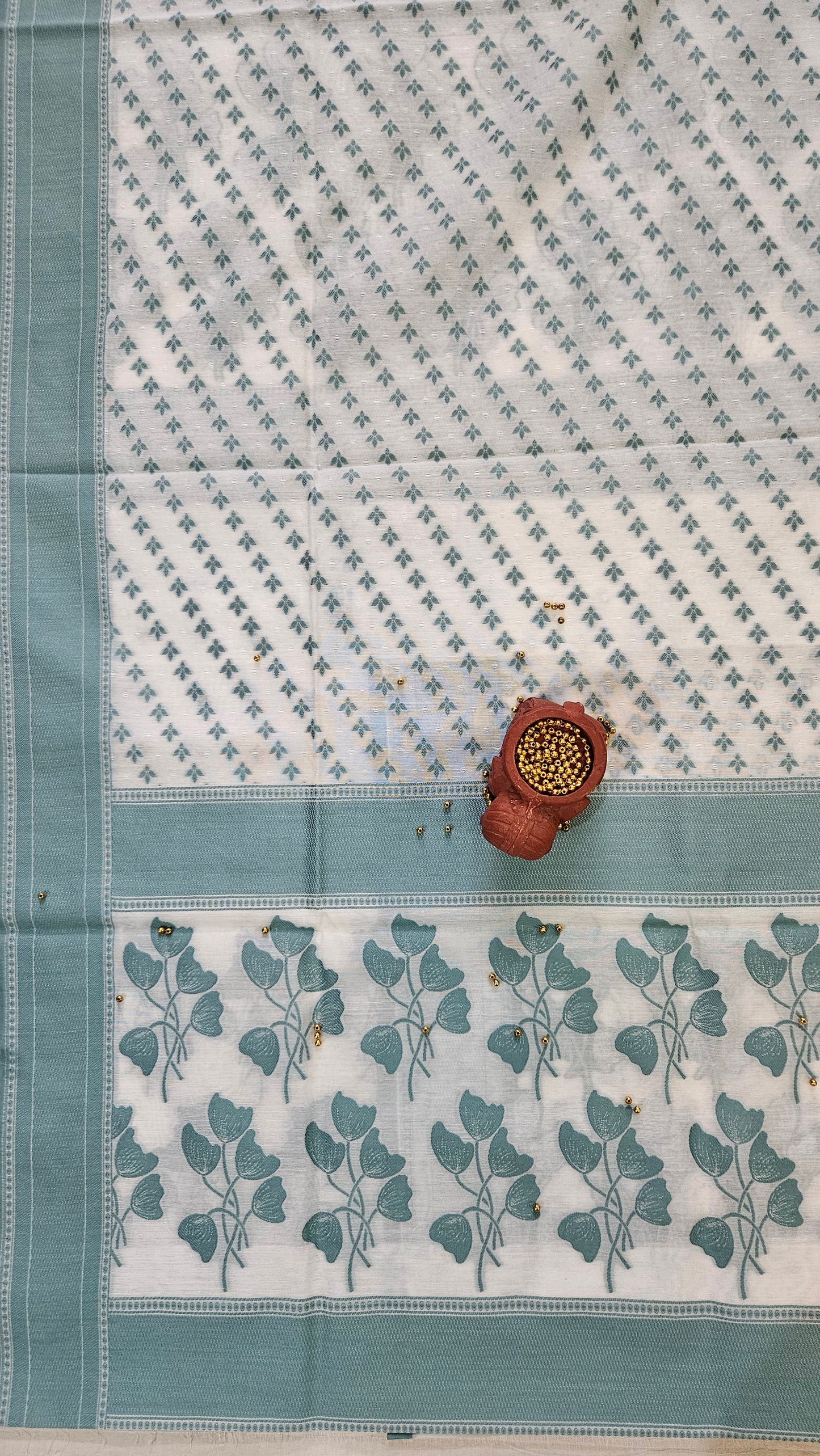 White and green cotton banarsi resham weave suit