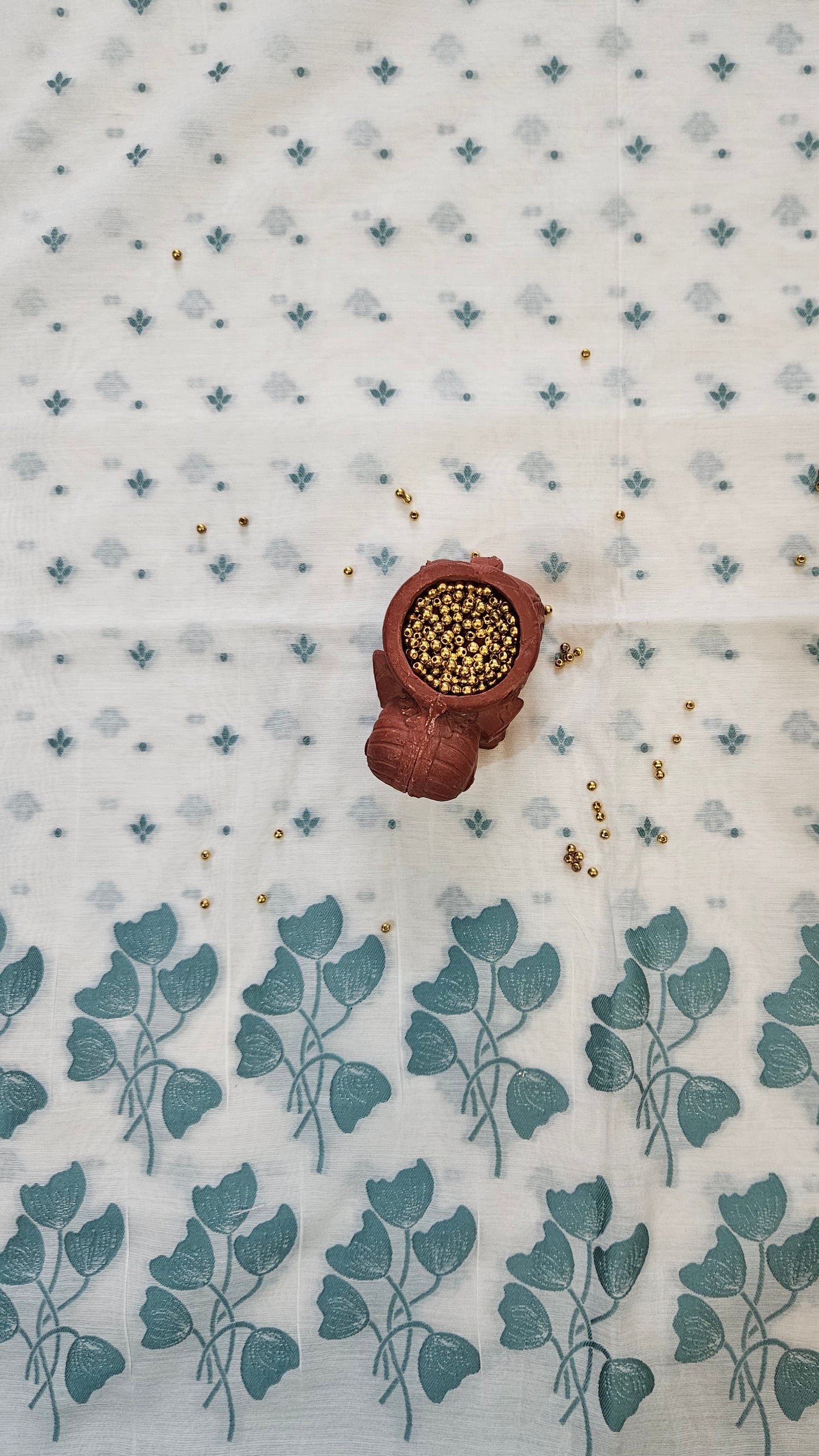 White and green cotton banarsi resham weave suit