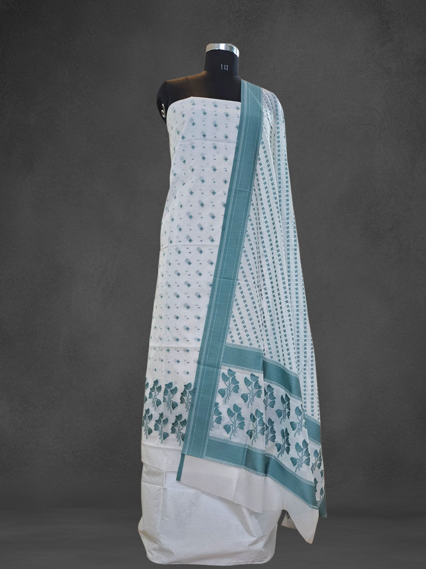 White and green cotton banarsi resham weave suit