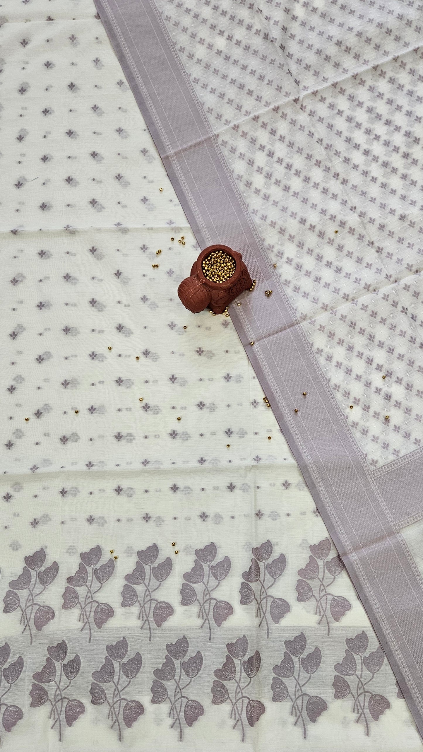 White and lilac cotton banarsi resham weave suit