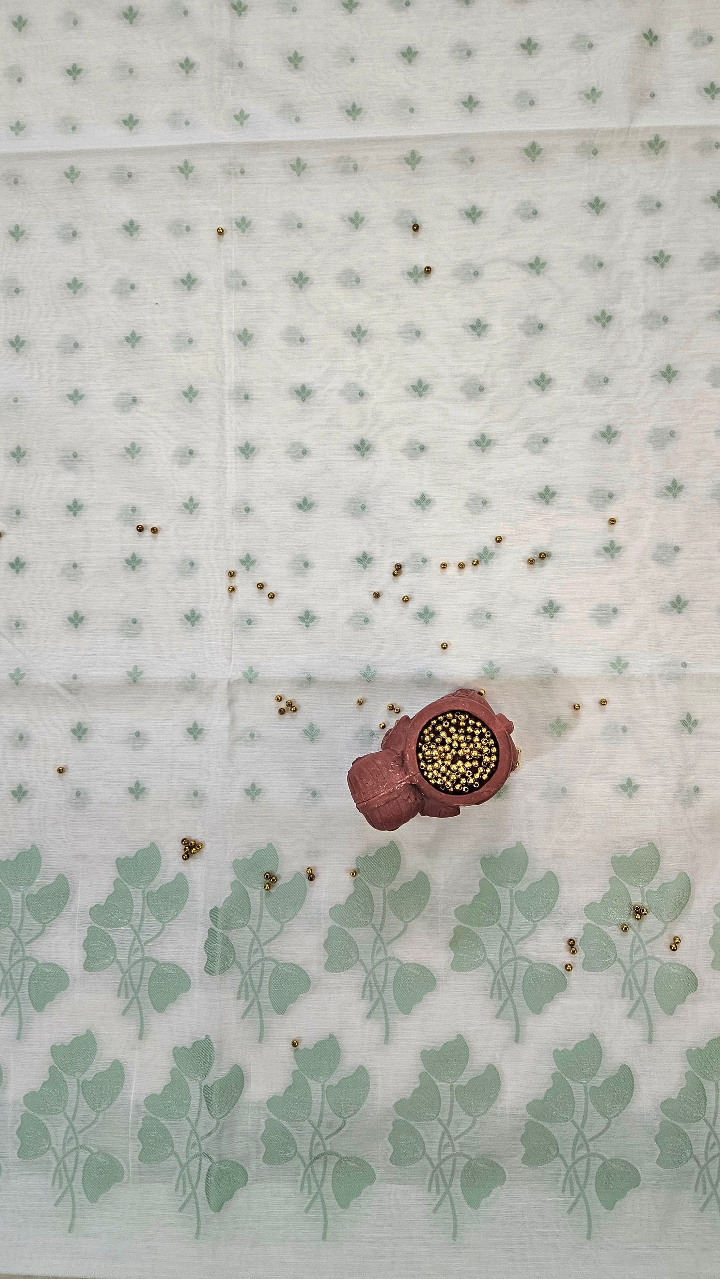 White and light green cotton banarsi weave suit