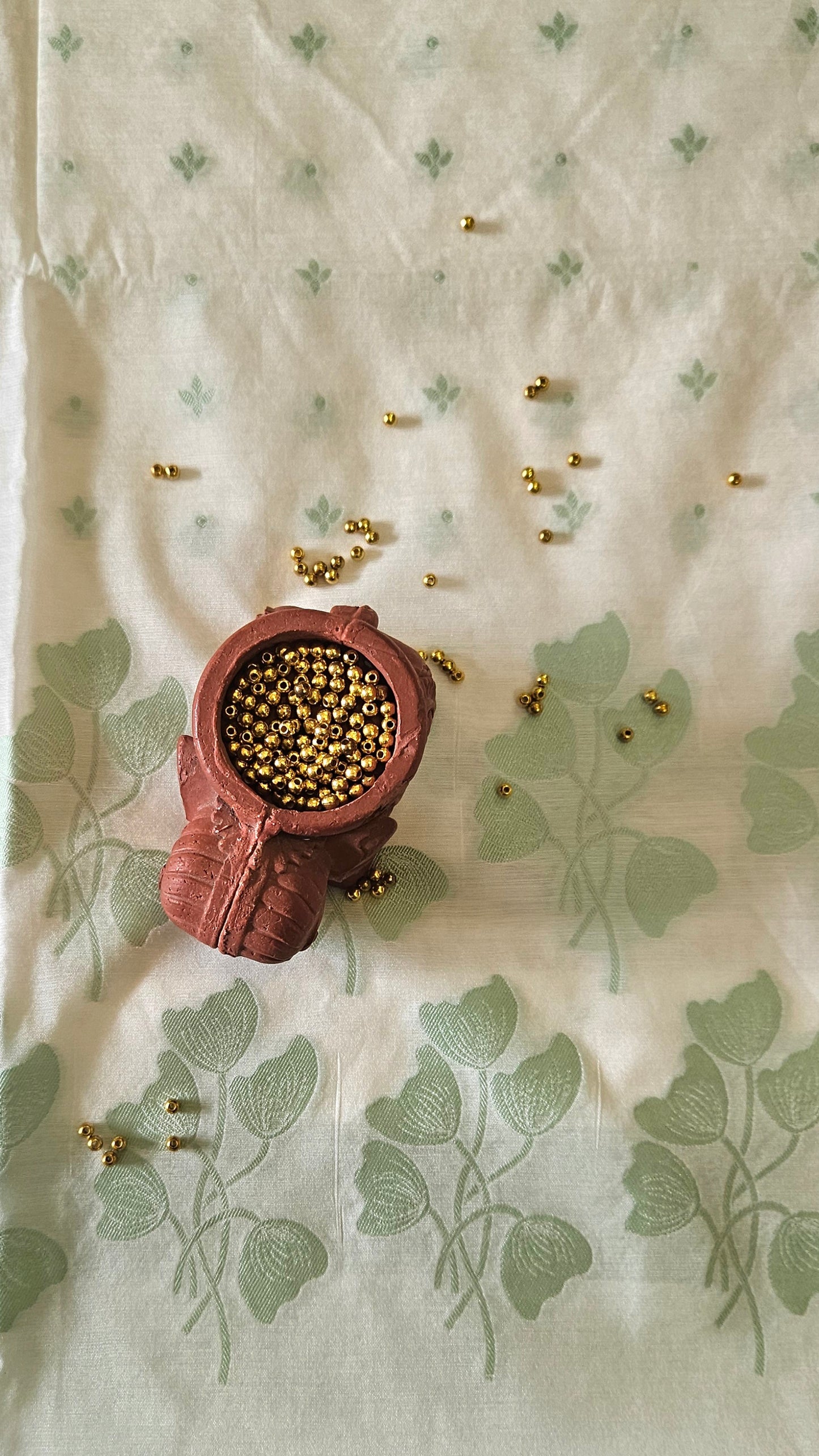 White and light green cotton banarsi weave suit