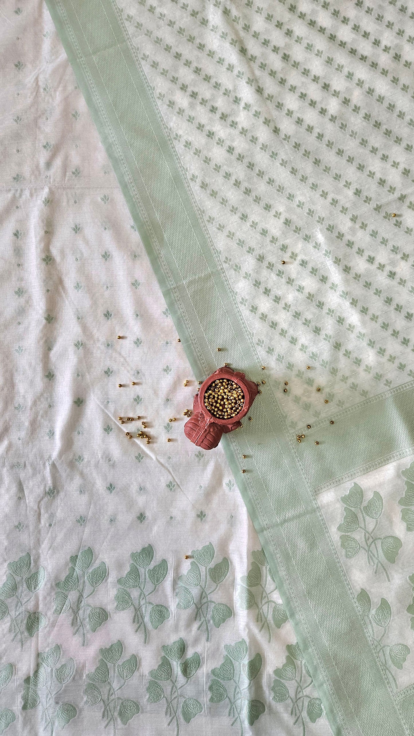 White and light green cotton banarsi weave suit