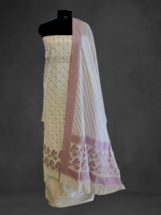 White and lilac cotton banarsi resham weave suit