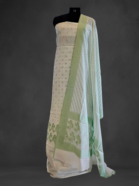 White and light green cotton banarsi weave suit