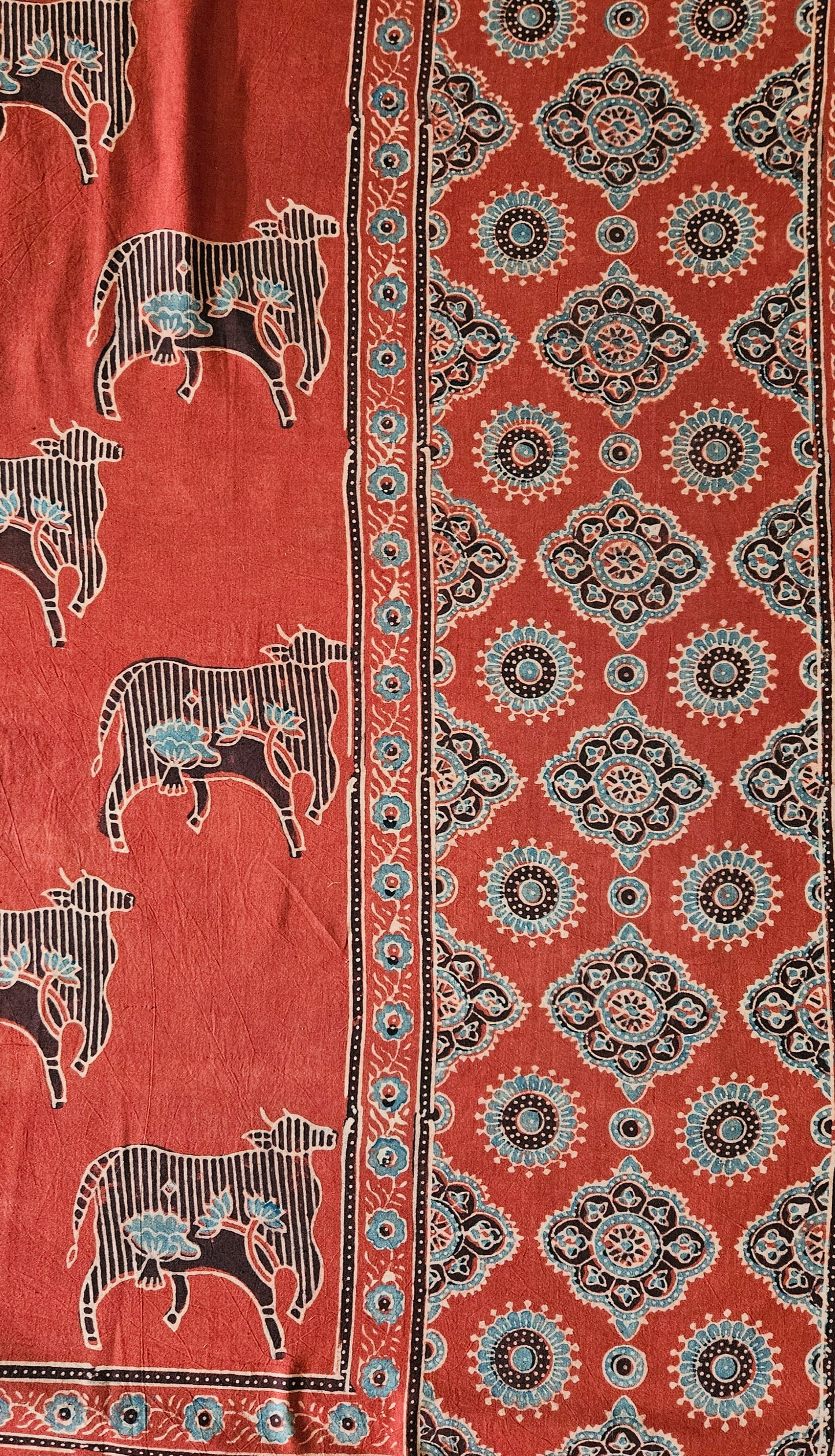 Brick red blue'n'black ajrakh print front panel cotton kurta material