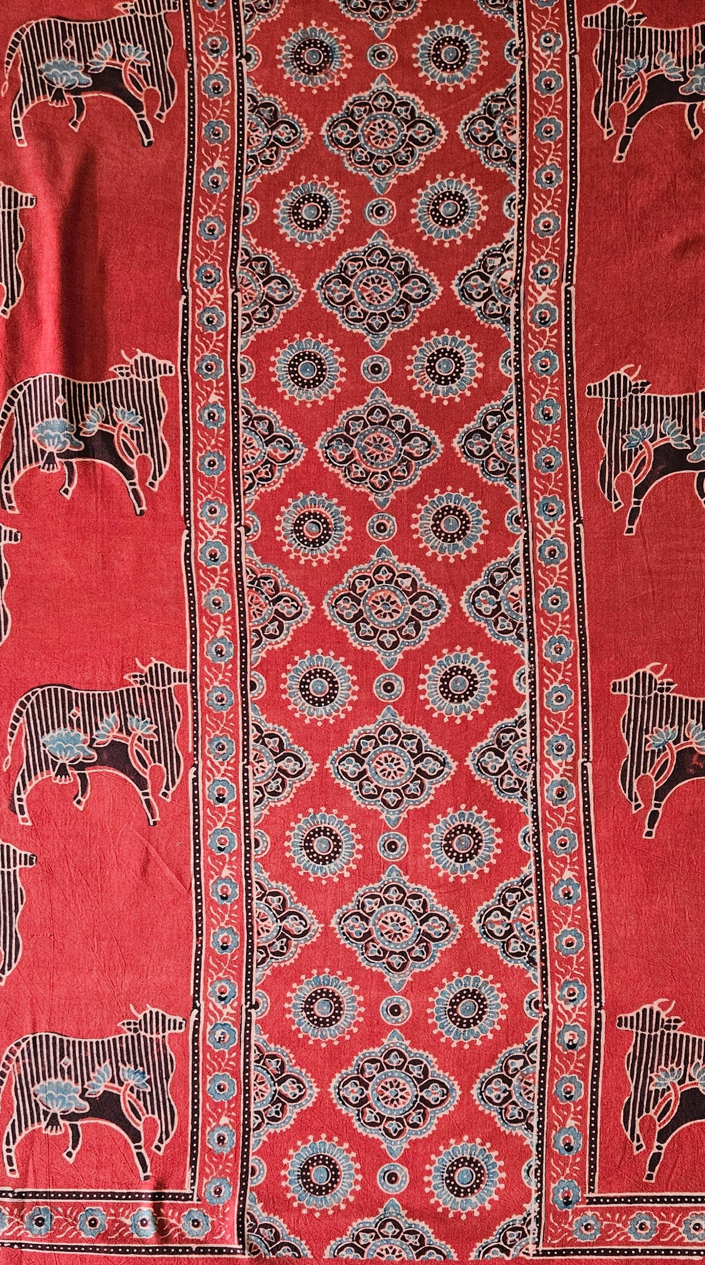 Brick red blue'n'black ajrakh print front panel cotton kurta material