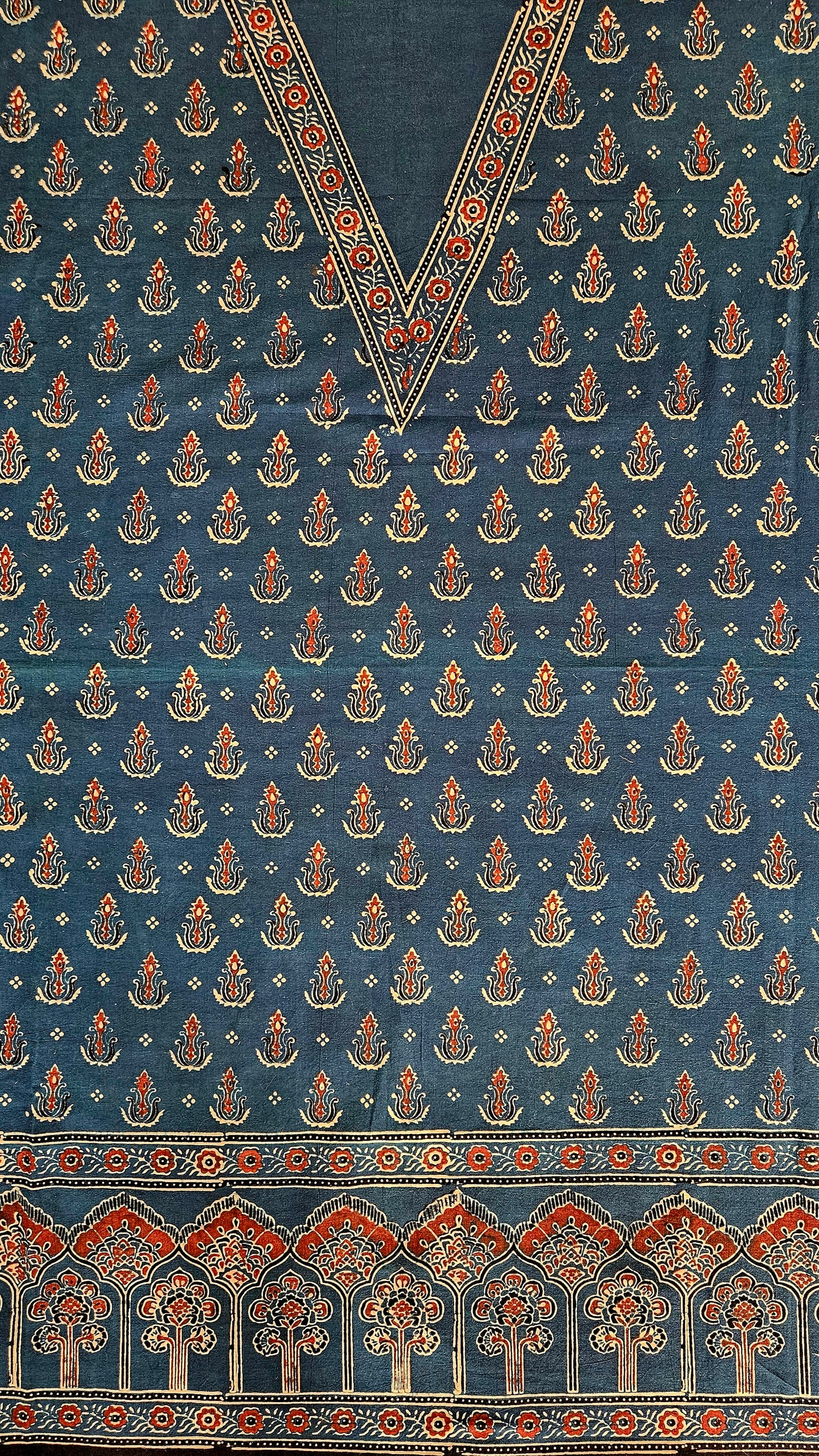 Blue maroon'n'white ajrakh print with ghera and neck border cotton kurta material