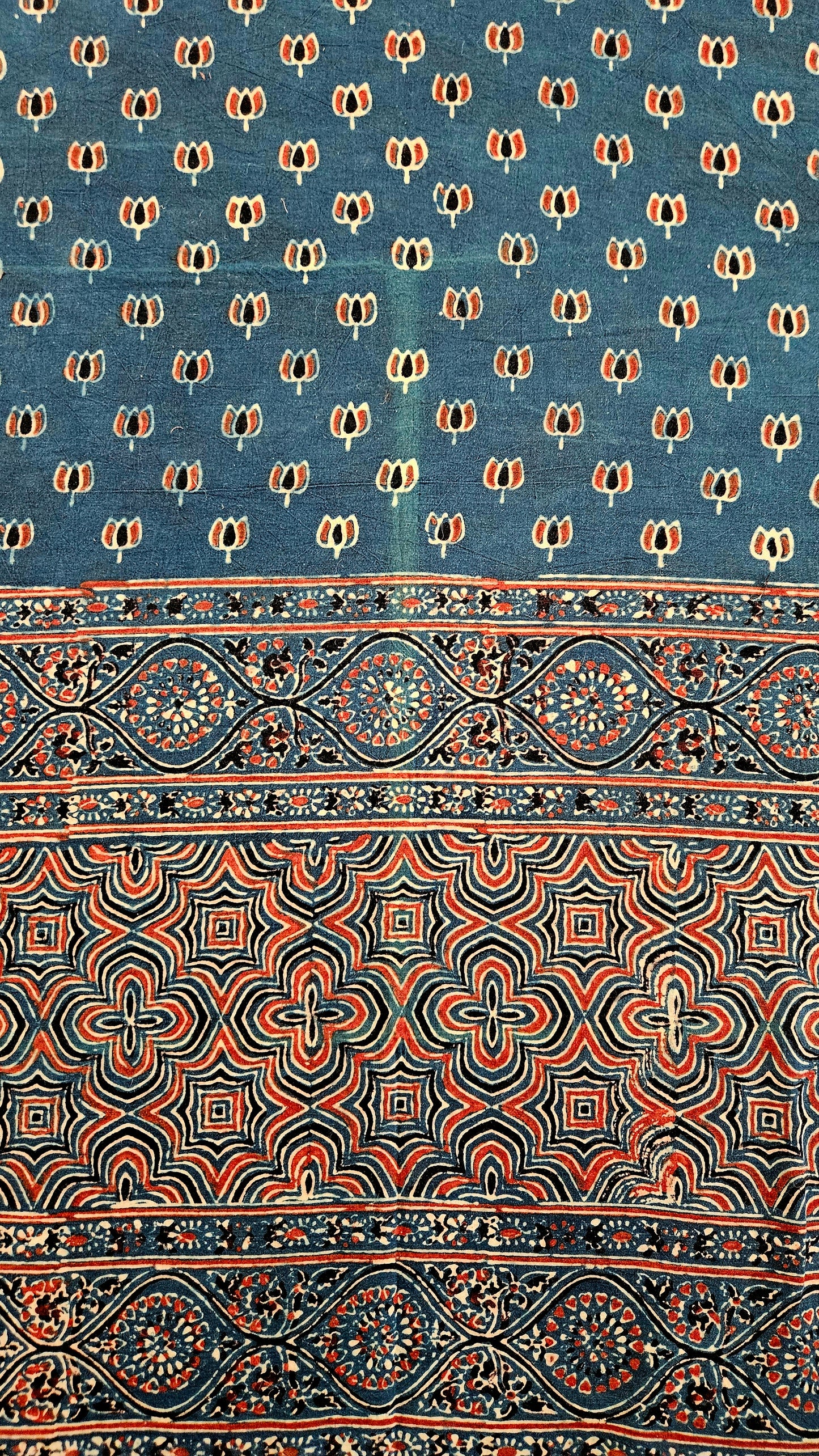 Blue'n'red ajrakh print with ghera border cotton kurta material