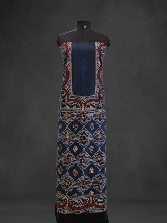 Blue'n'red ajrakh print with neck and ghera border cotton kurta  material