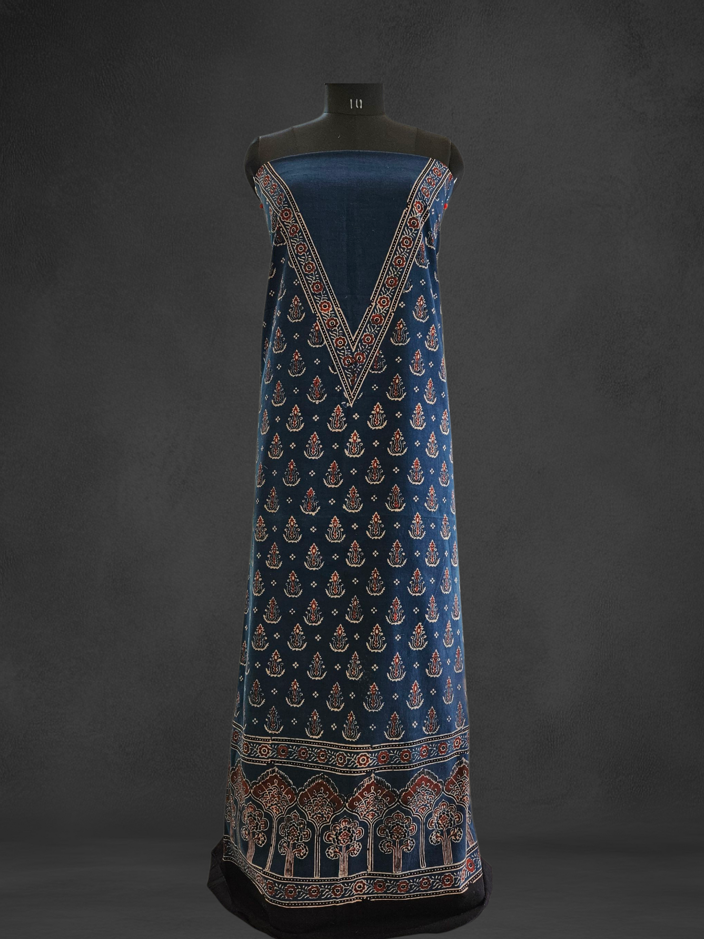 Blue maroon'n'white ajrakh print with ghera and neck border cotton kurta material