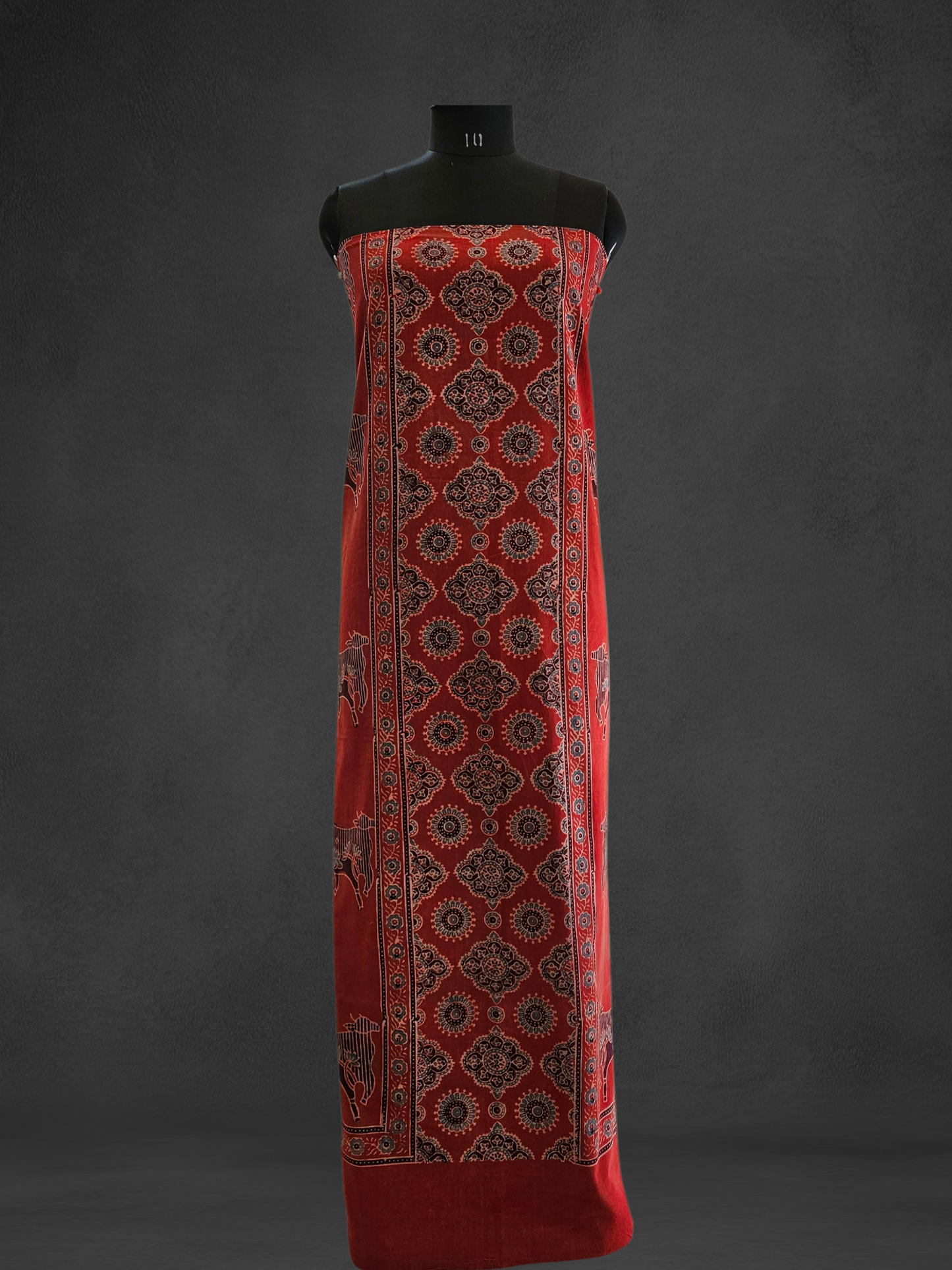 Brick red blue'n'black ajrakh print front panel cotton kurta material