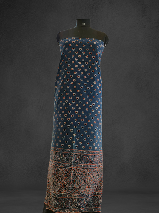Blue'n'red ajrakh print with ghera border cotton kurta material