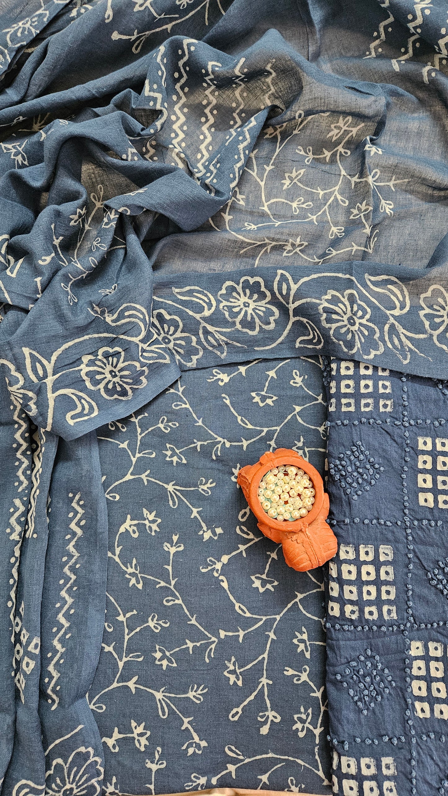 Darkteal'n'white block print cotton suit