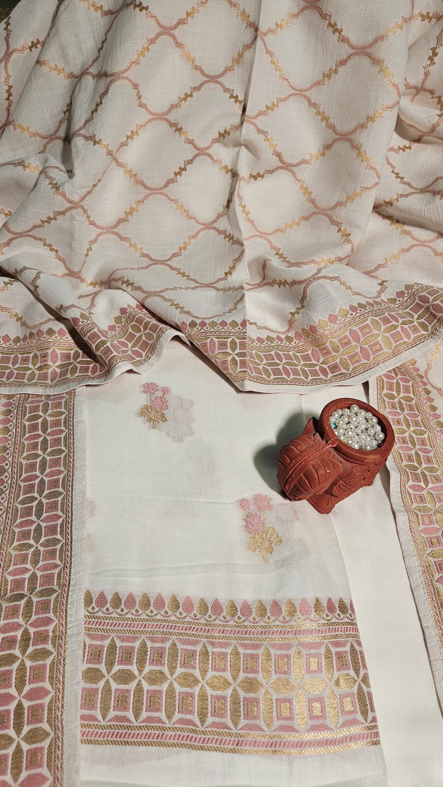 White banarsi jamdani resham weave premium cotton suit