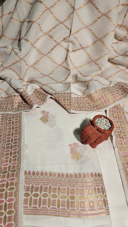 White banarsi jamdani resham weave premium cotton suit