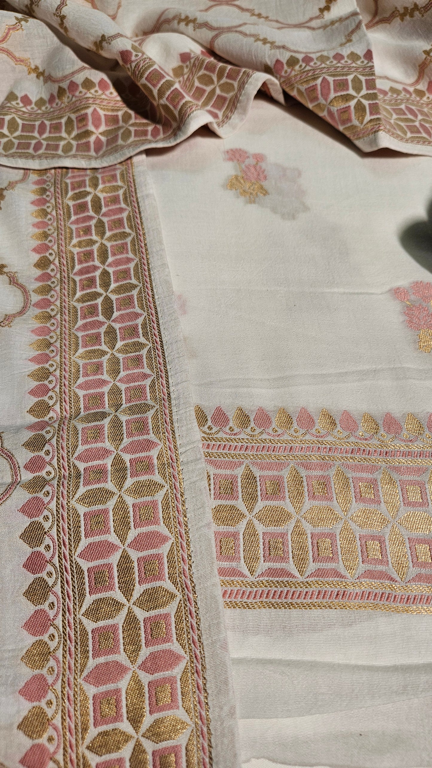 White banarsi jamdani resham weave premium cotton suit