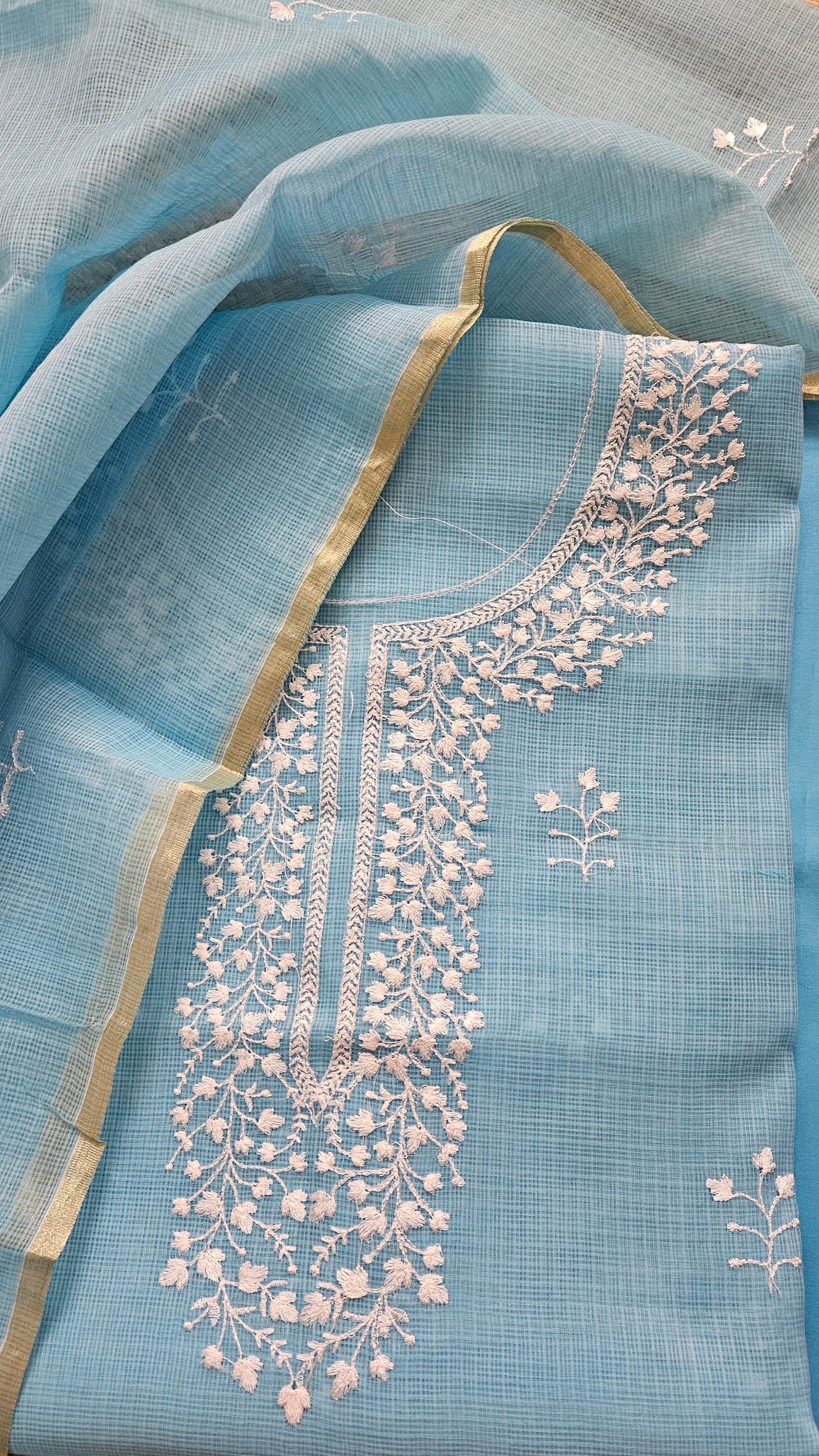 Aqua blue Kota doria suit with thread embroidery
