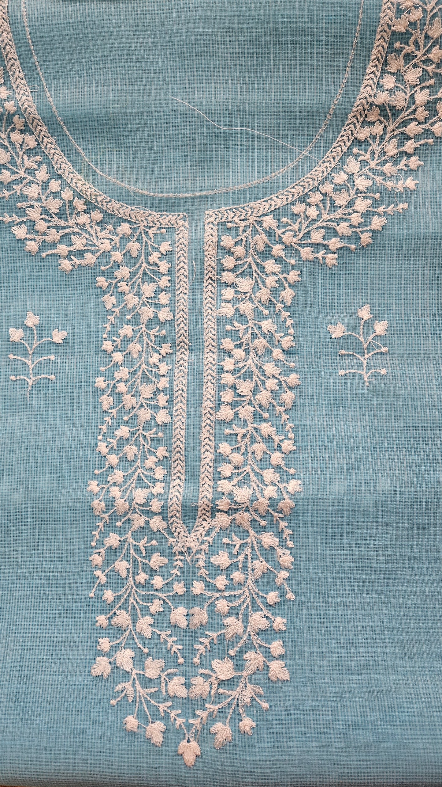 Aqua blue Kota doria suit with thread embroidery