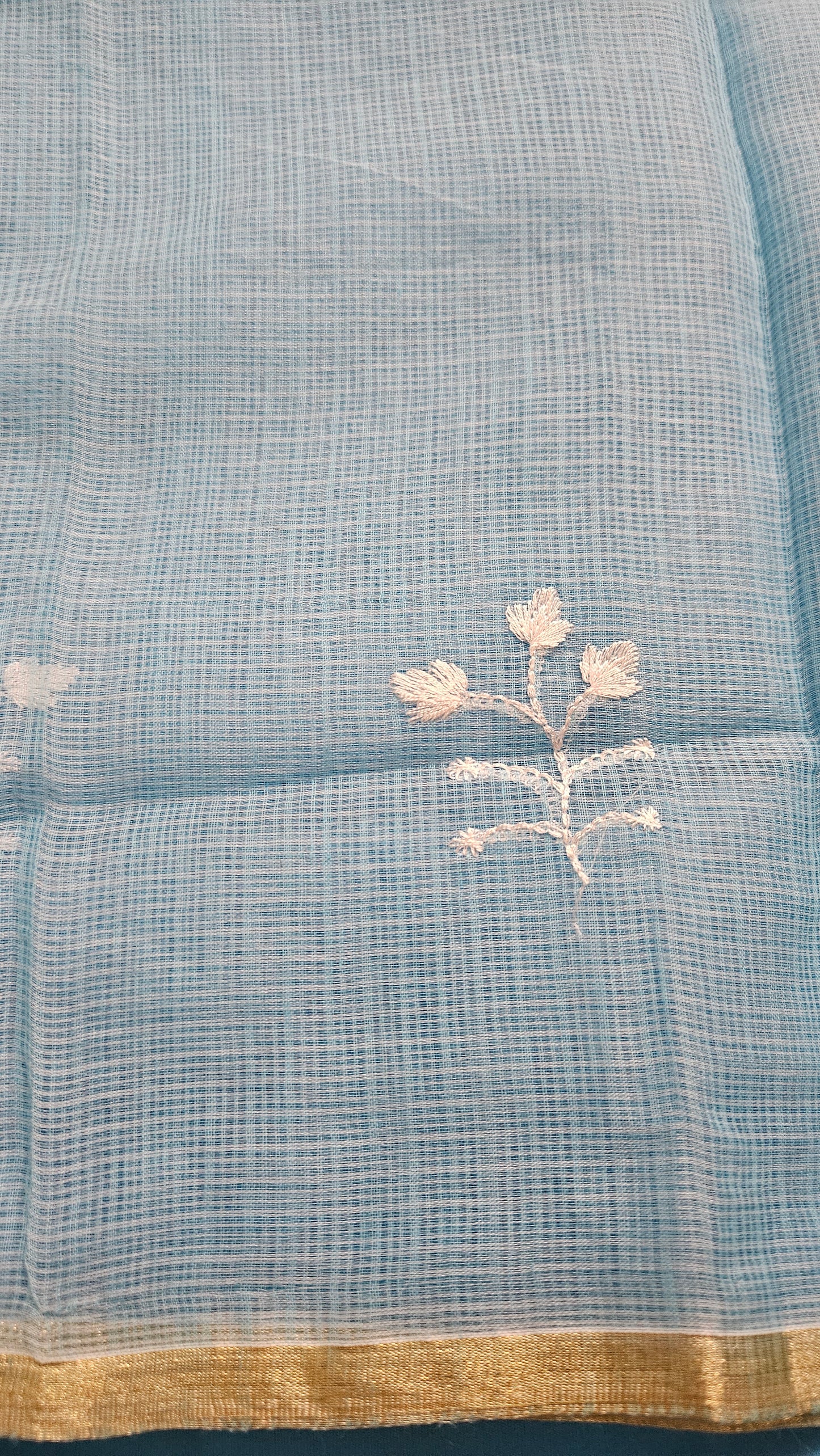 Aqua blue Kota doria suit with thread embroidery