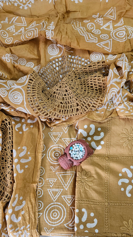 Mustard'n'white hand block print cotton suit