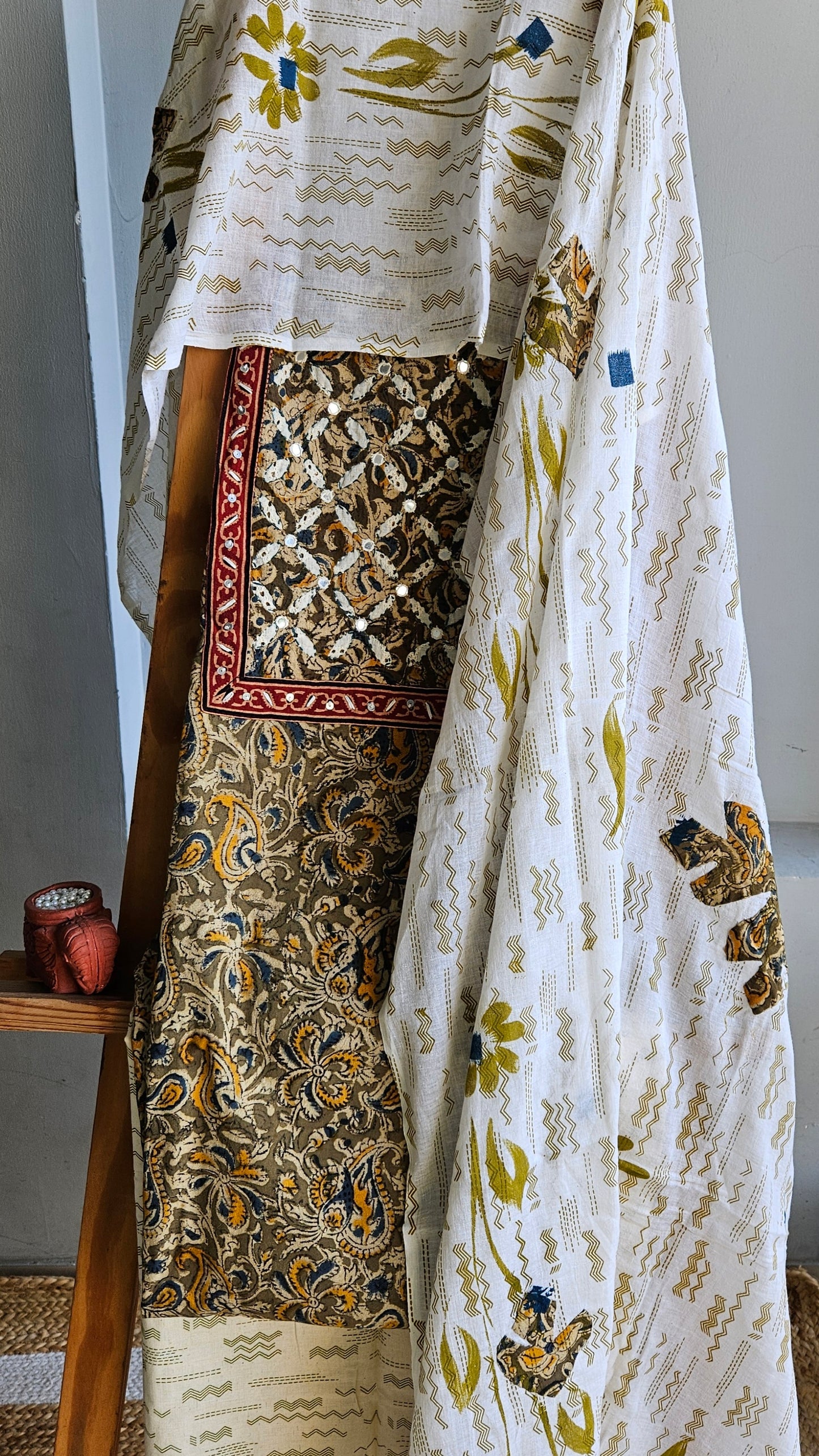 Pure cotton olivegreen,mustard'n'blue intricately designed kalamkari suit
