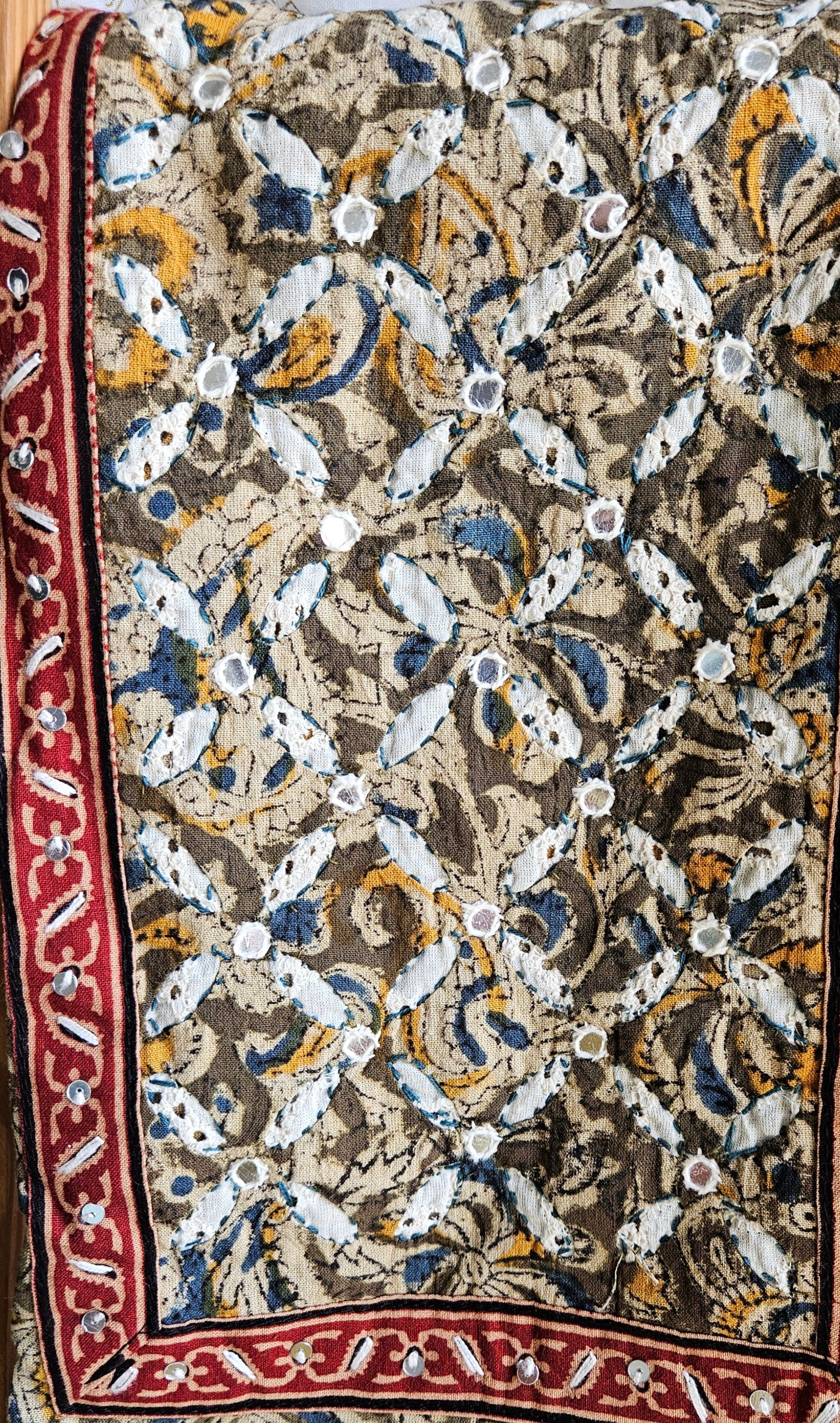 Pure cotton olivegreen,mustard'n'blue intricately designed kalamkari suit