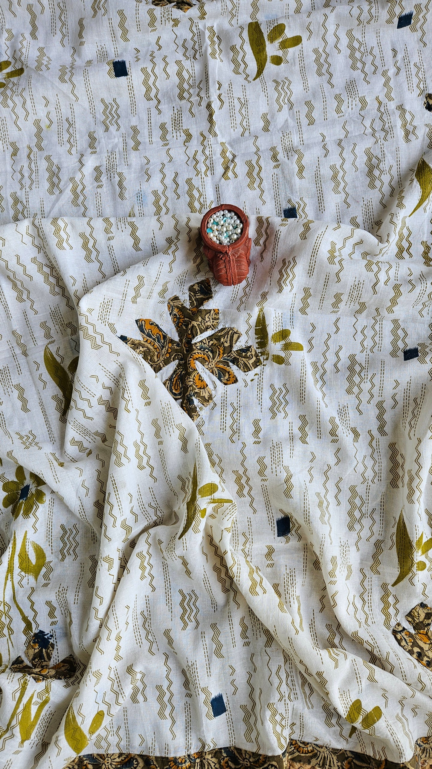 Pure cotton olivegreen,mustard'n'blue intricately designed kalamkari suit