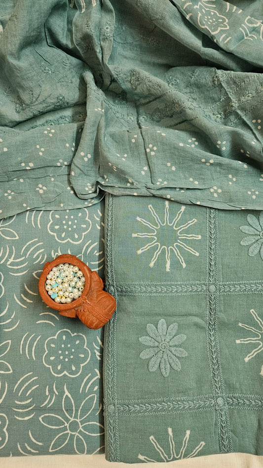 Light green'n'white block print cotton suit