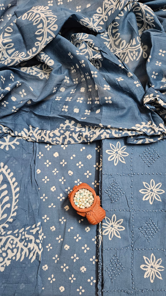 Dark teal'n'white block print cotton suit