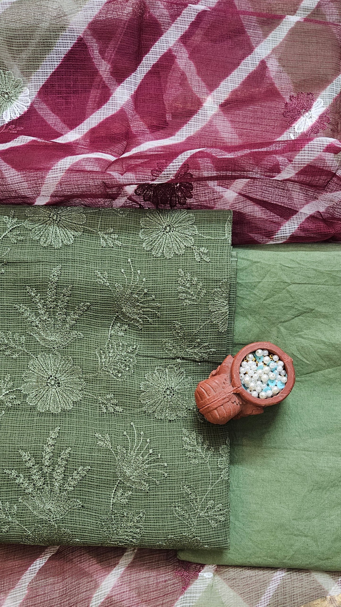 Mehandi green'n'maroon Kota doria cotton suit